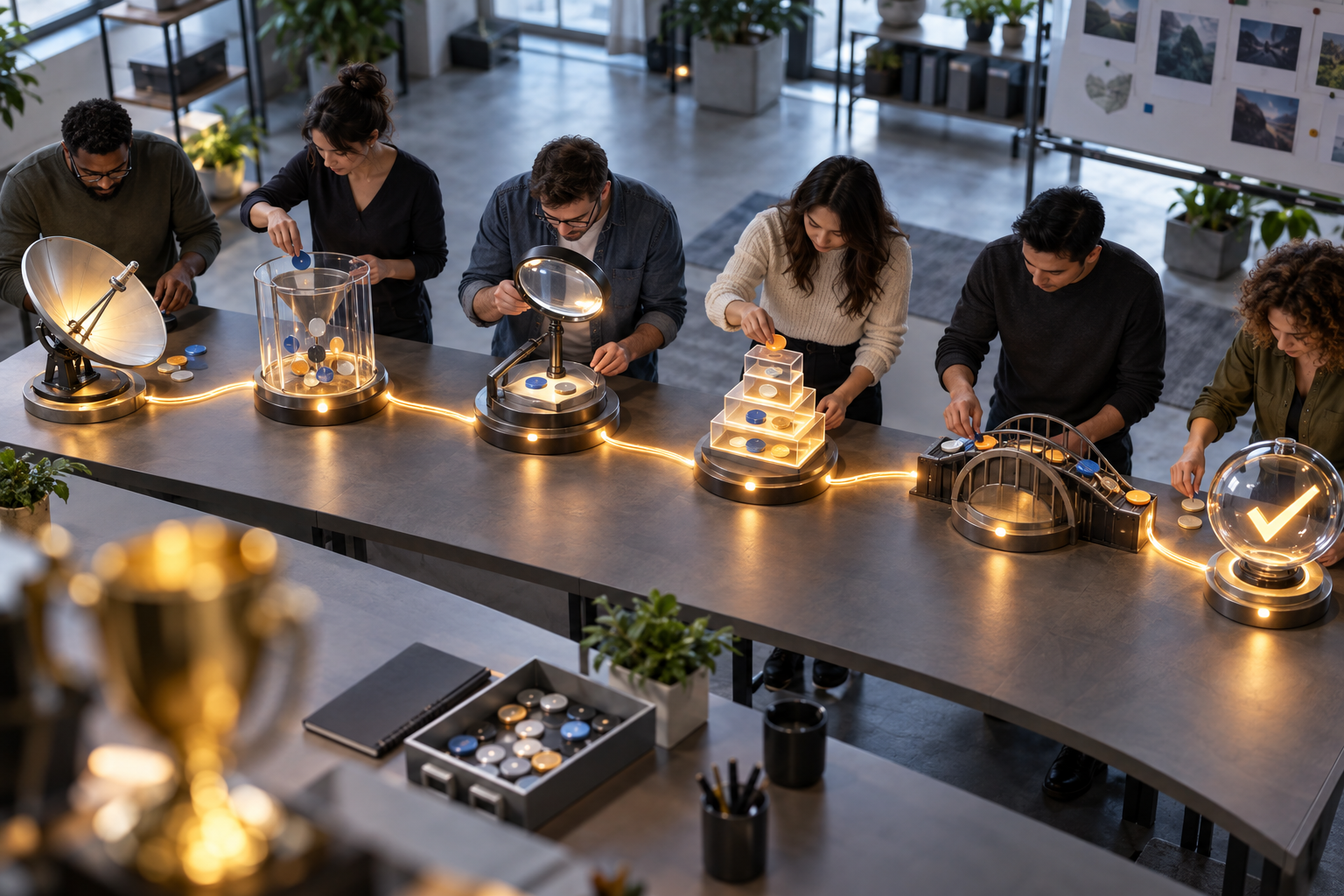 A cross-functional team tests six connected evaluation stations in a modern workshop while an out-of-focus trophy sits to the side.