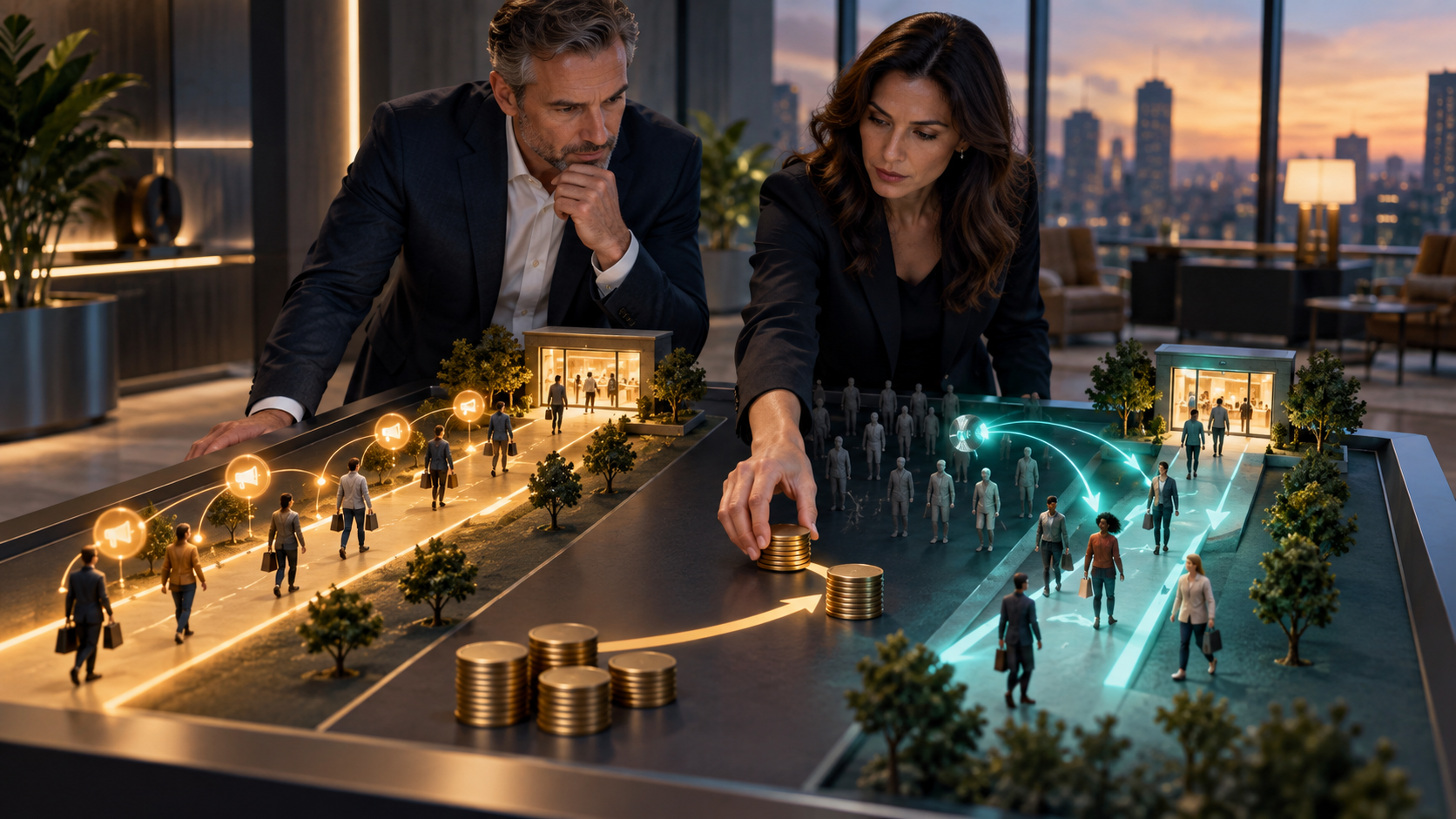Marketing and finance leaders compare two customer pathways while moving budget tokens toward the pathway that generates additional purchases.