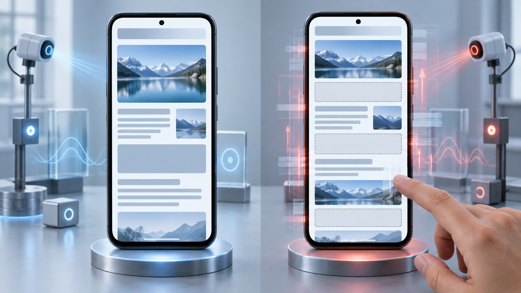 Two phones show a stable page beside a page whose late-loading ad blocks shift content near a user's hand.