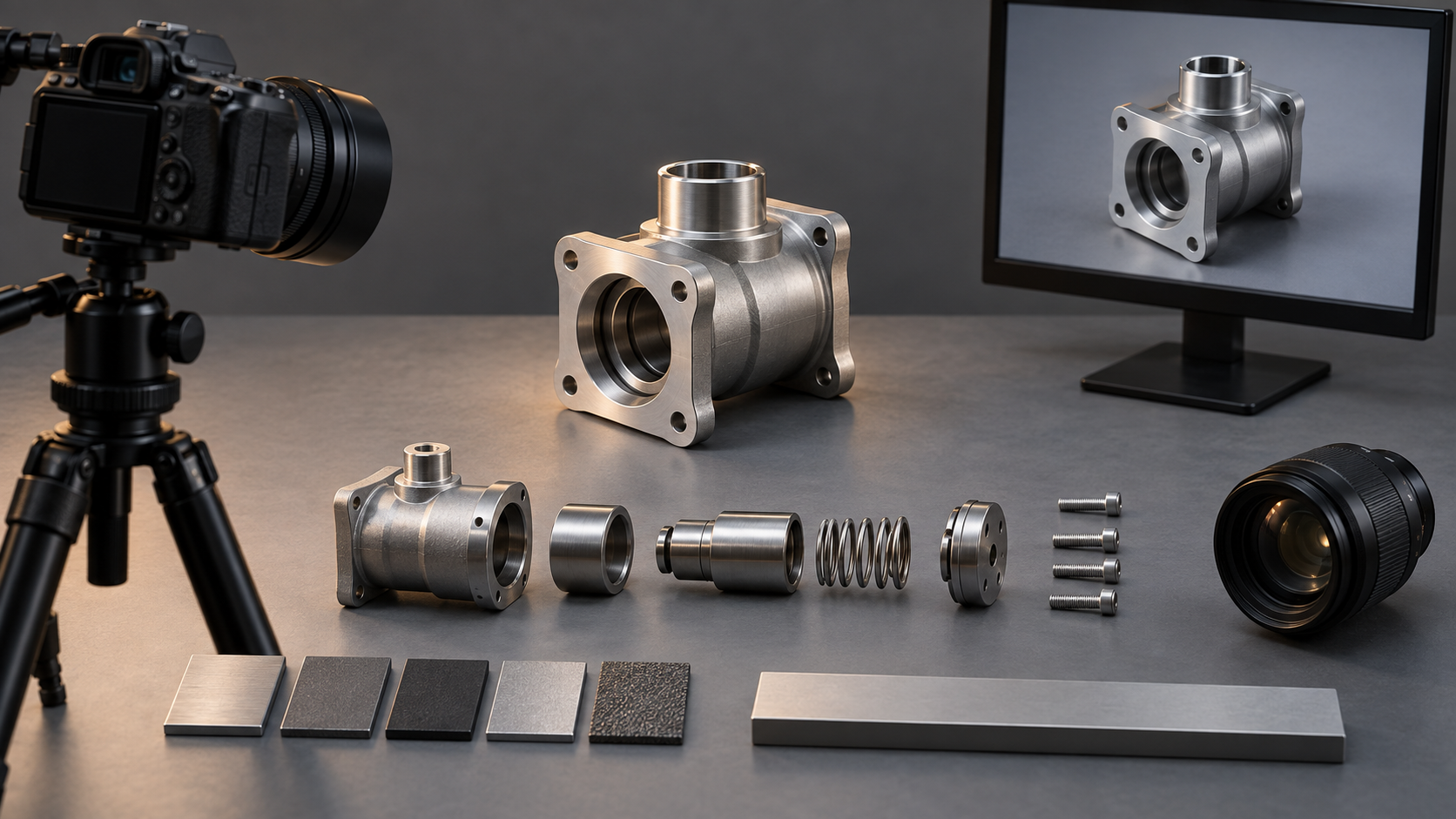A tabletop studio photographs a generic mechanical component alongside close-up tools, material samples, and separated parts that reveal its construction.