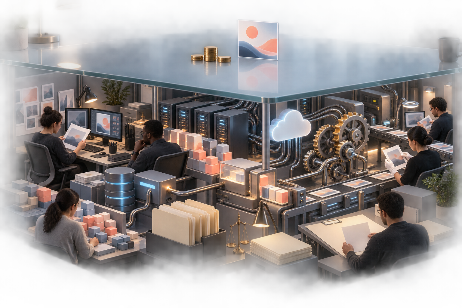 A transparent worktable reveals human review, computing infrastructure, data preparation, and quality control beneath a small set of visible campaign costs.
