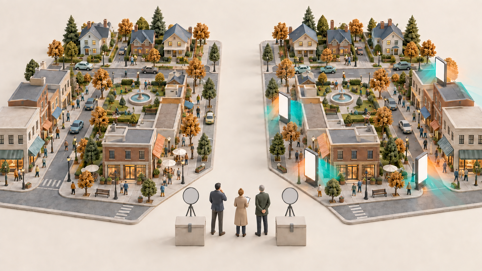 Two matched miniature commercial districts are compared, with an abstract marketing intervention applied to one district while the other remains untreated.