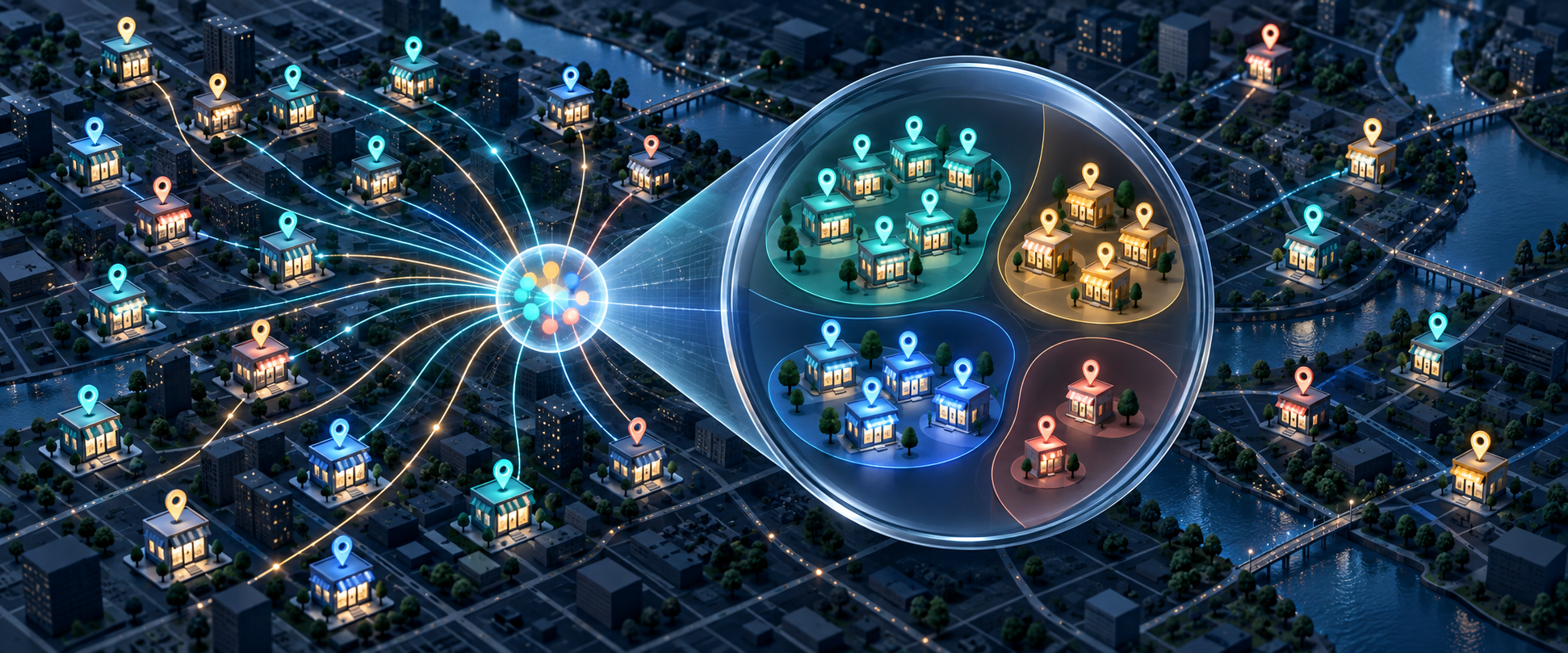 A network of storefronts and map pins separates into color-coded location groups inside a transparent analytical lens.