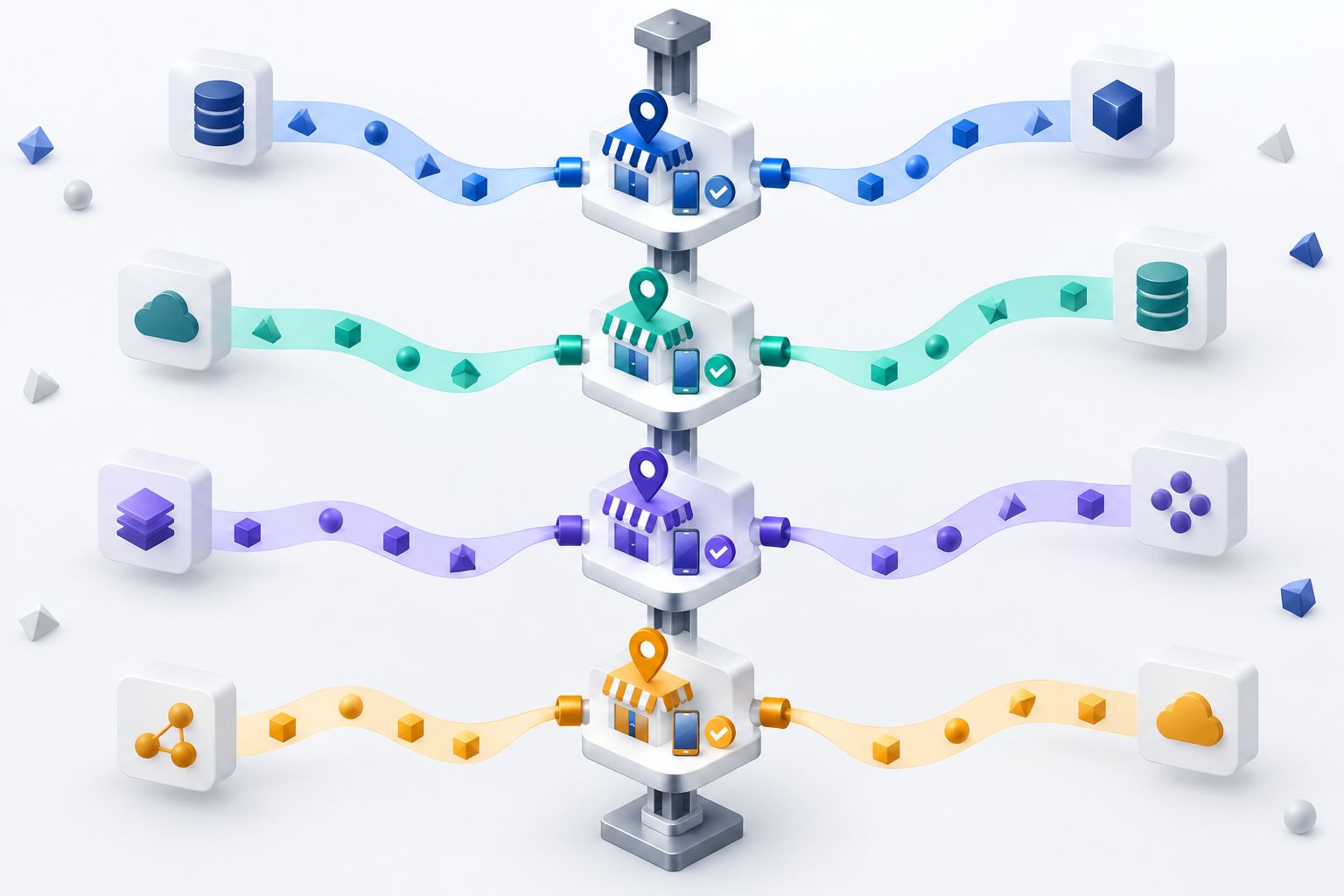An isometric central spine connects storefront and map-pin modules while colored data streams join the matching locations.