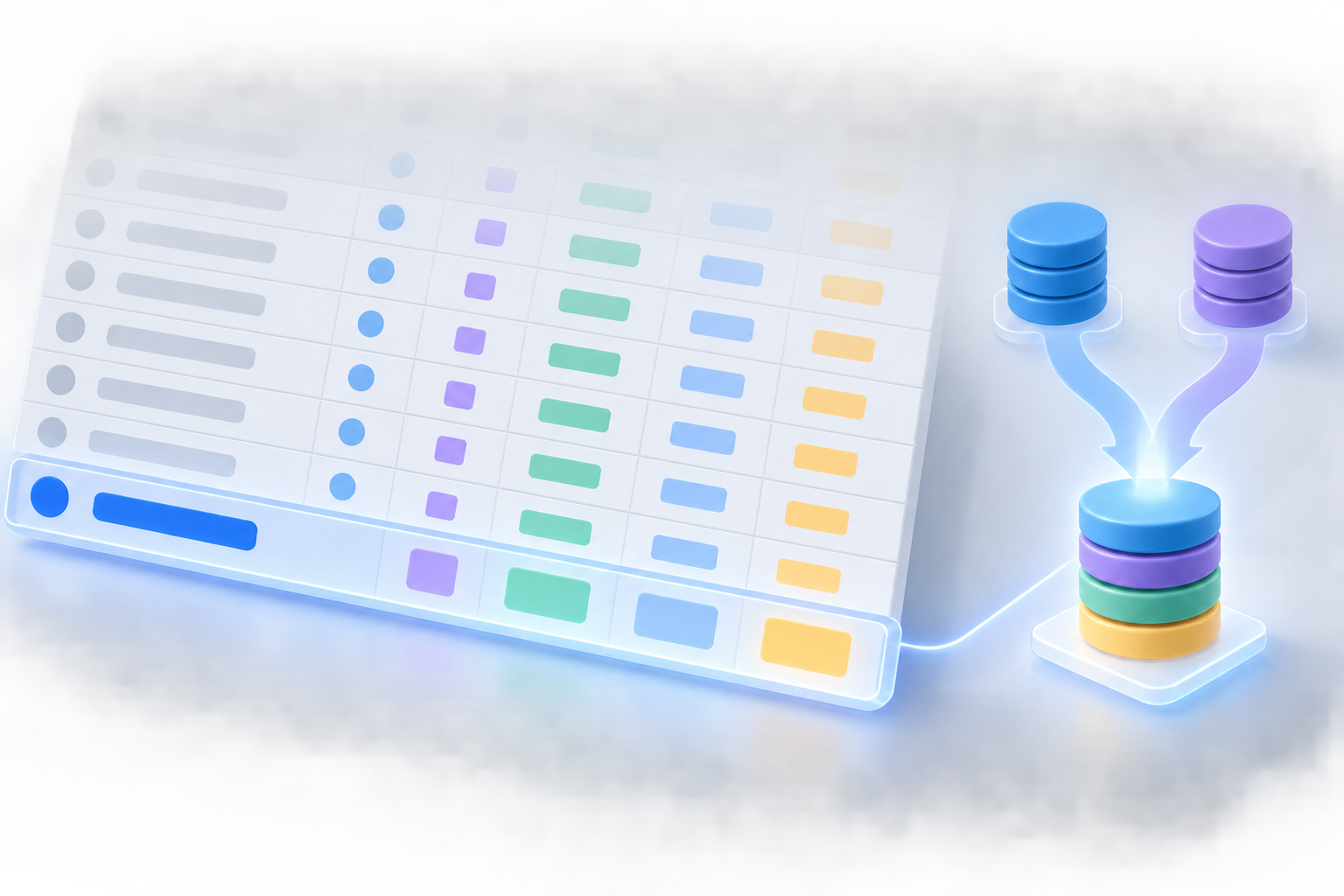 An unbranded analytics table with blank rows highlights its bottom summary row beside two groups of conversion tokens merging into one stack.