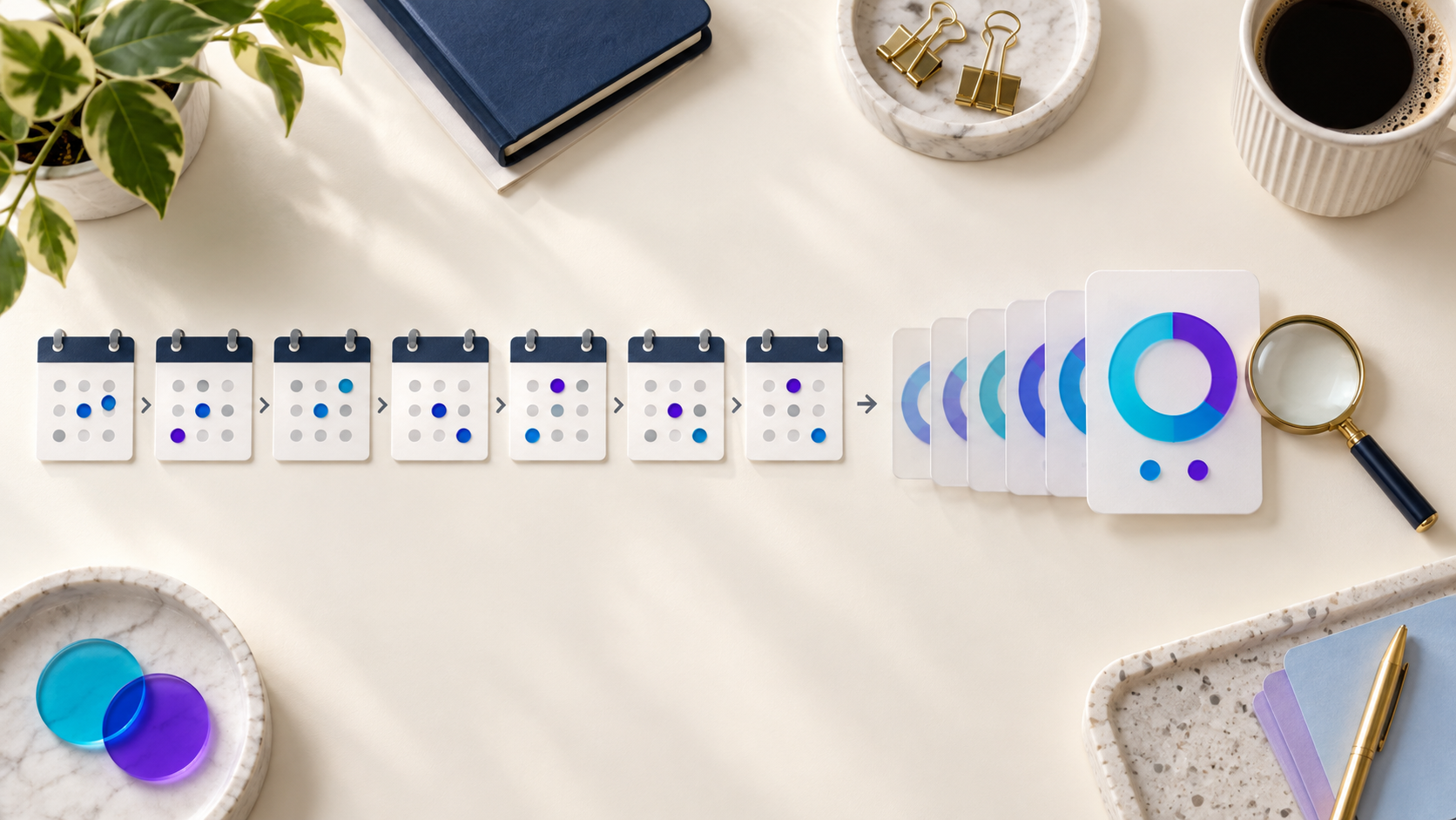 Seven blank calendar tiles lead to a campaign card where two colors of conversion tokens form a proportion ring beside earlier weekly rings.