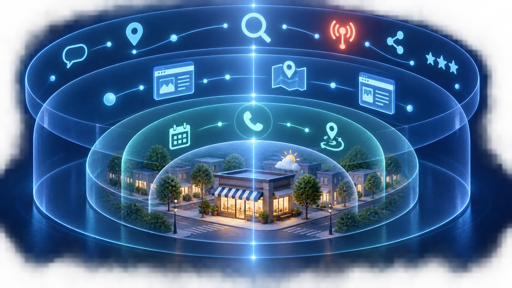A storefront is surrounded by four translucent layers of discovery, engagement, conversion, and neighborhood-context symbols.