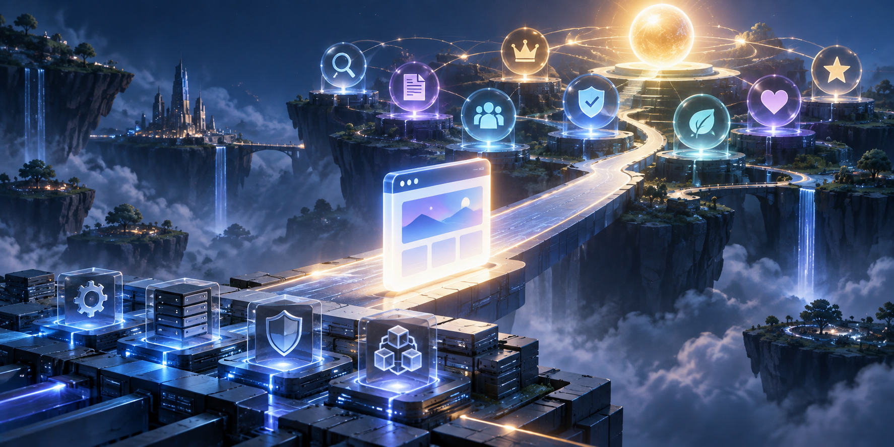 A glowing web page tile rises from a structured digital foundation toward connected symbols of relevance, trust, authority, freshness, and user satisfaction.