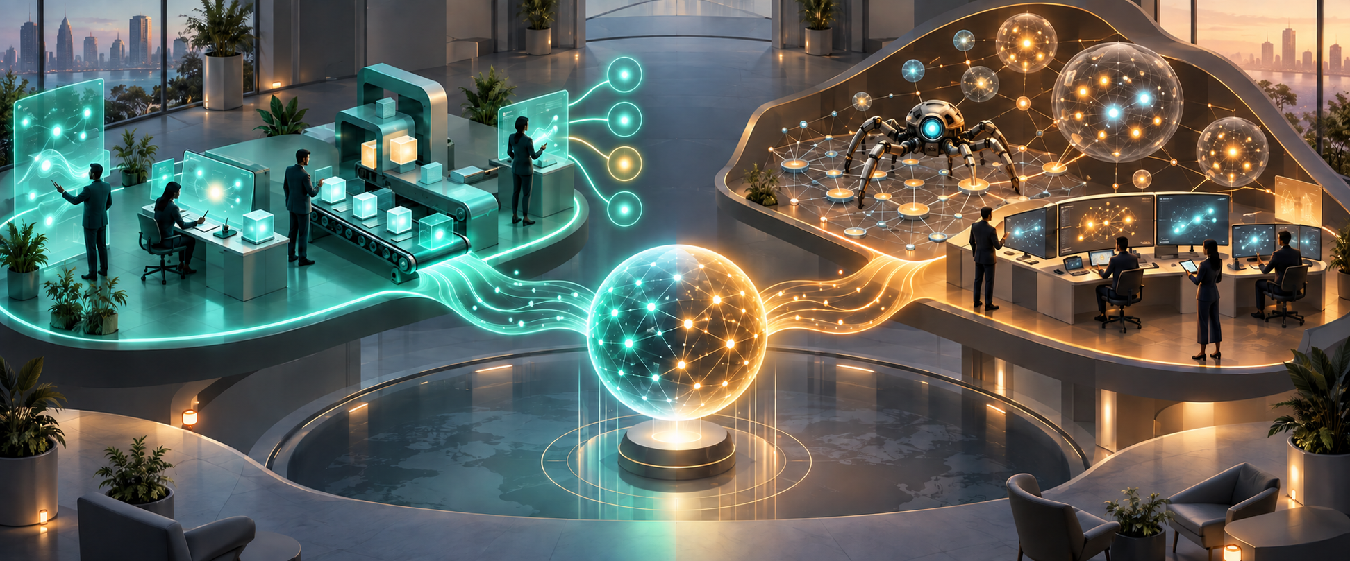 A split editorial illustration shows one AI signal path feeding an integrated content workflow and another feeding a deep analysis observatory with a web crawler and modular workstations.