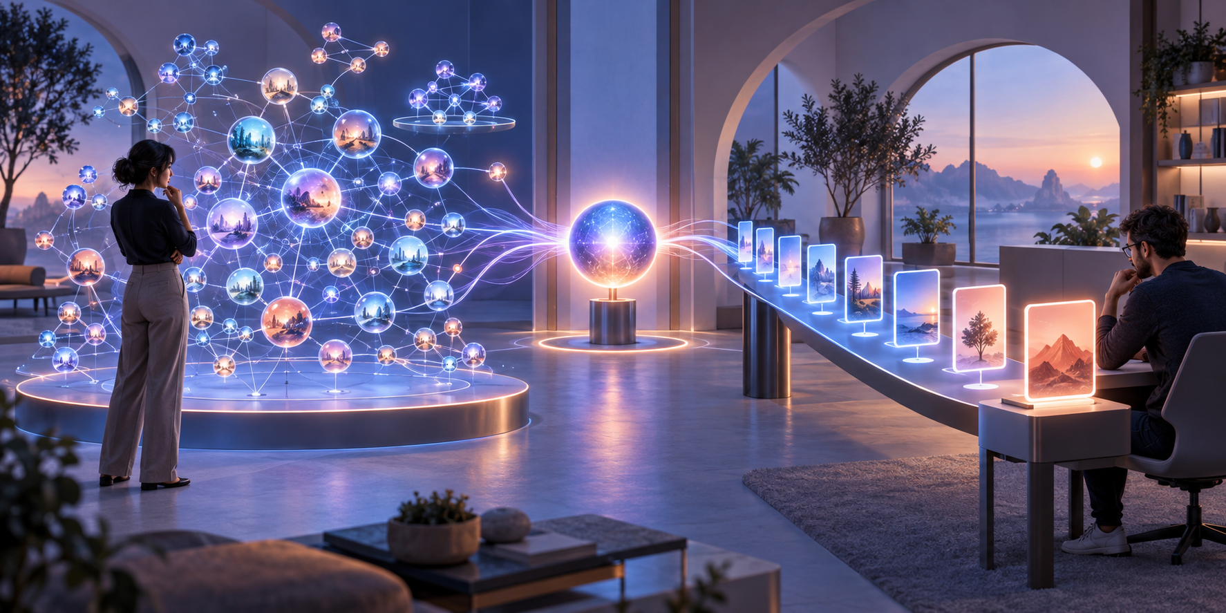 Two strategists compare a broad constellation of connected prompt signals with a focused queue of prompt cards in a digital studio.
