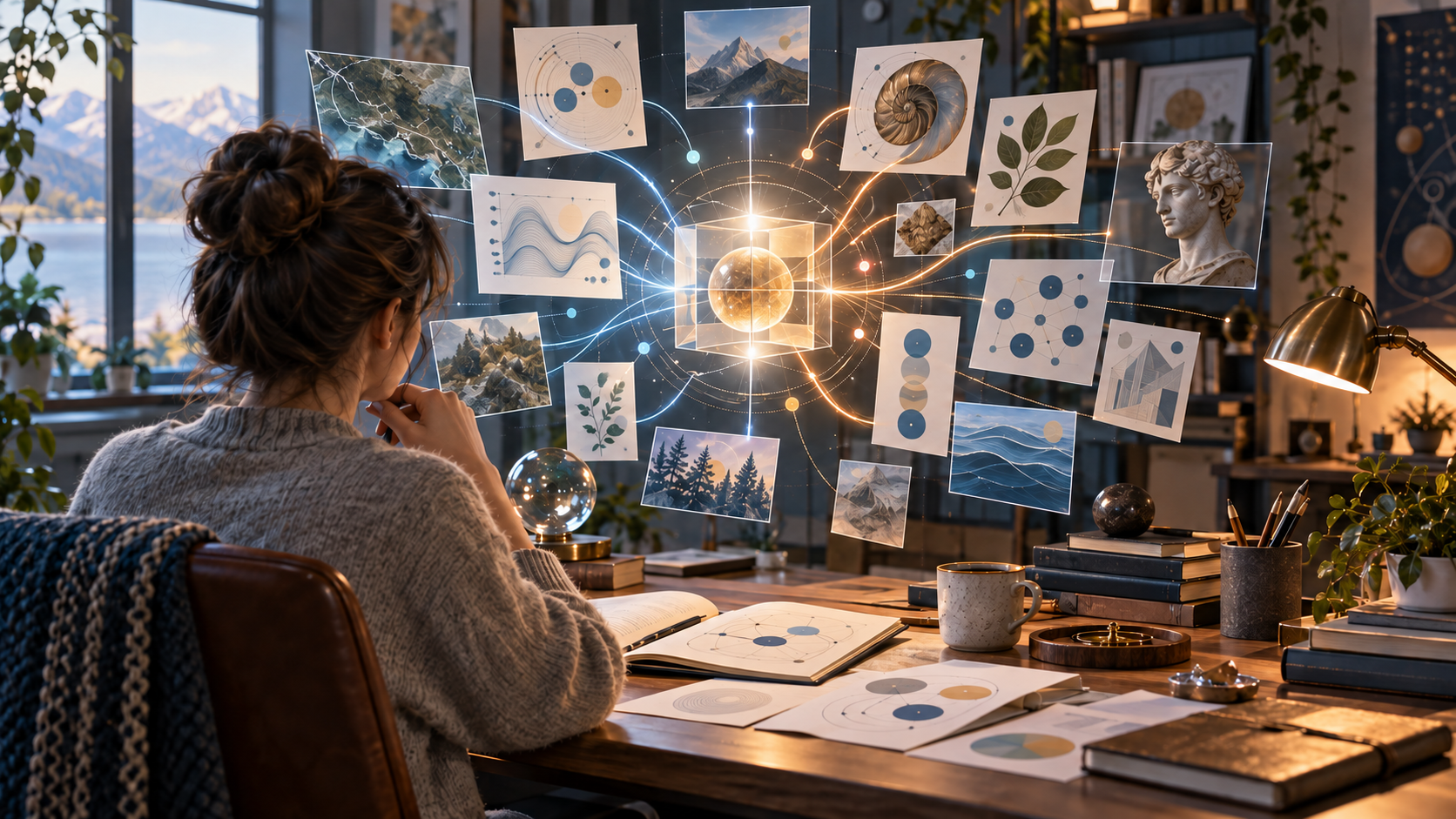 A researcher at a desk brings connected source materials and visual information fragments together into one complete solution.