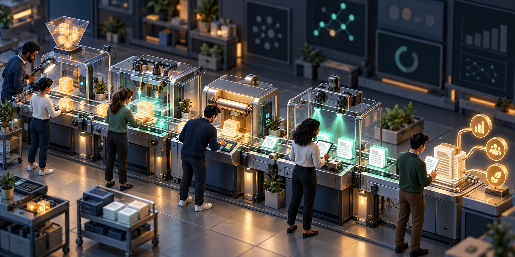 A cross-functional team moves prompt artifacts through testing stations for discovery, content improvement, release, verification, and outcome validation.
