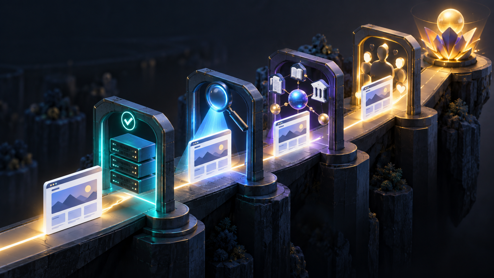 An isometric web page follows an ascending path through technical, relevance, evidence, and user-engagement stages.