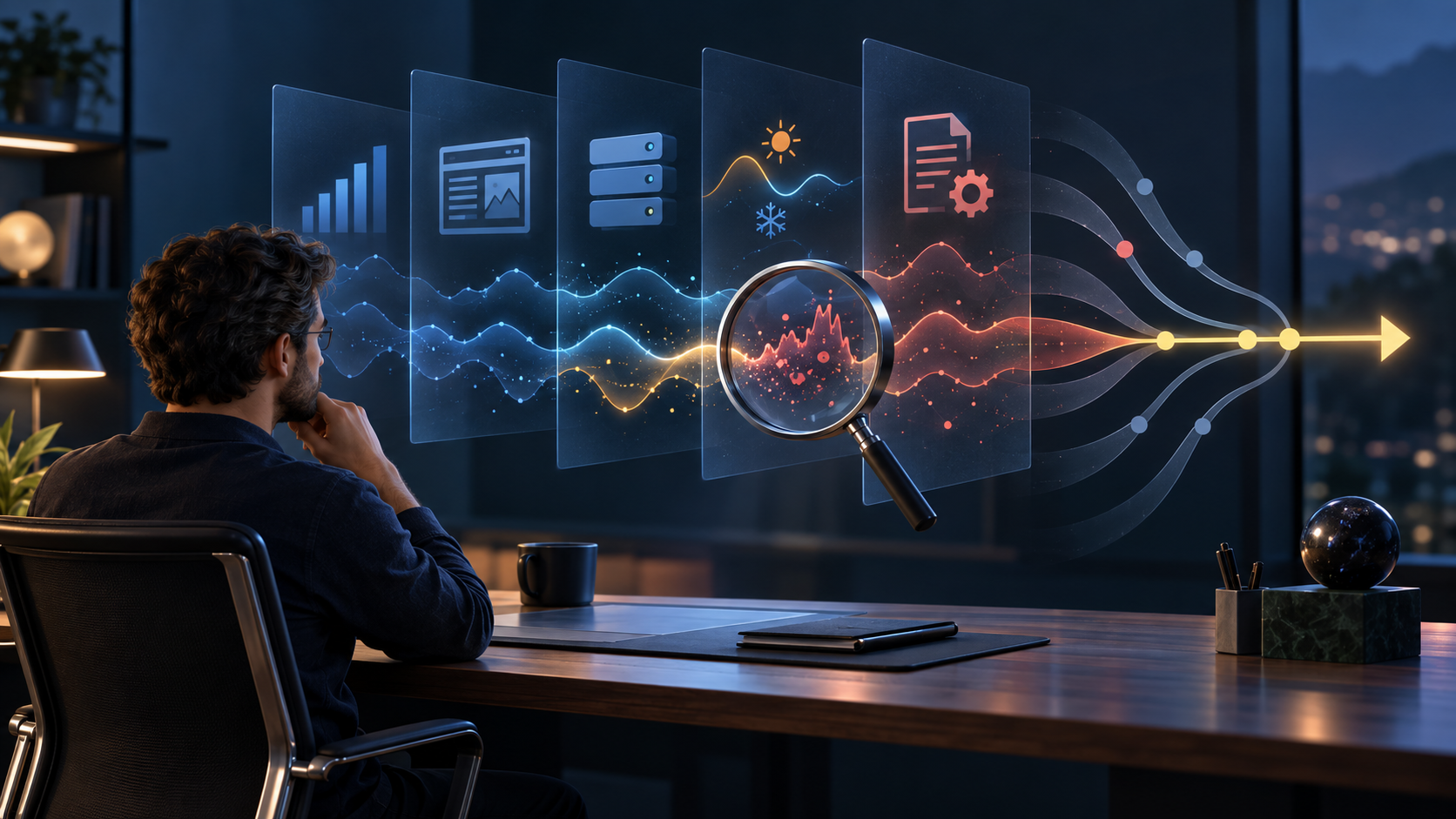 An analyst investigates layered website signals with a magnifying glass as several possible causes narrow into one measured course of action.