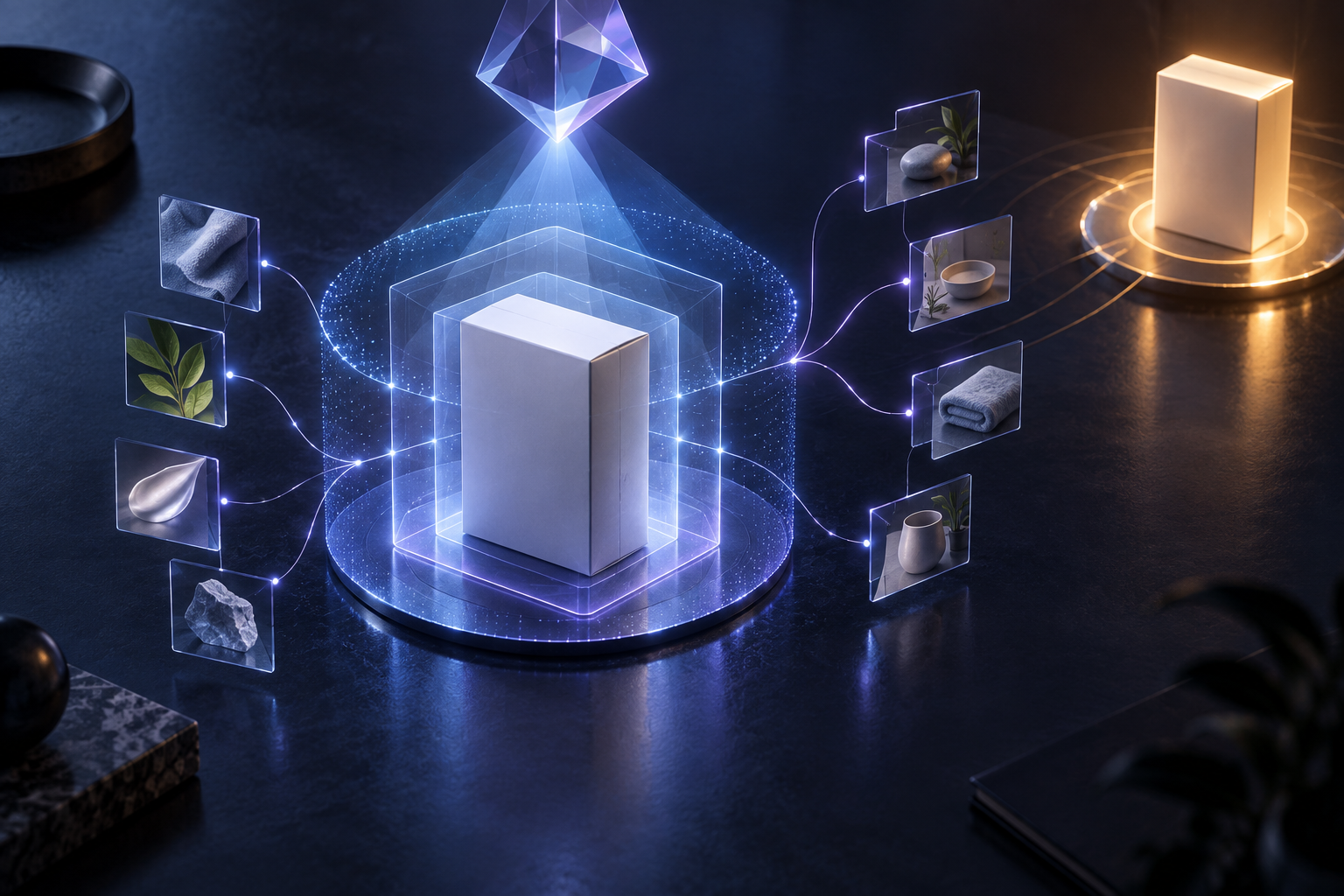 An unbranded product package being scanned by a glowing prism, with layered signals and evidence connections surrounding it while a competing package is highlighted nearby.