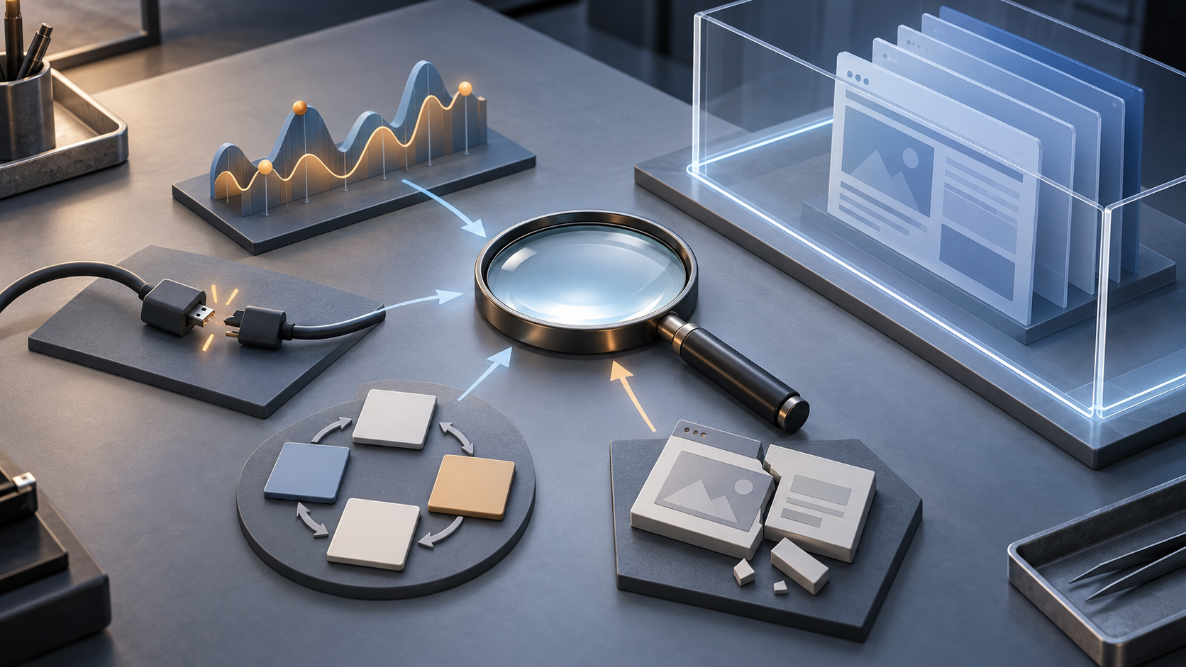 Four visual evidence streams, including a search pulse, loose cable, seasonal cycle, and broken site component, converge beneath a magnifying lens.