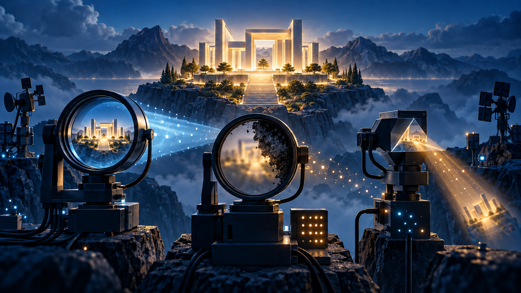 A brightly lit website structure observed through several instruments, including one clear lens, one blocked lens, and one lens that distorts the light downward.