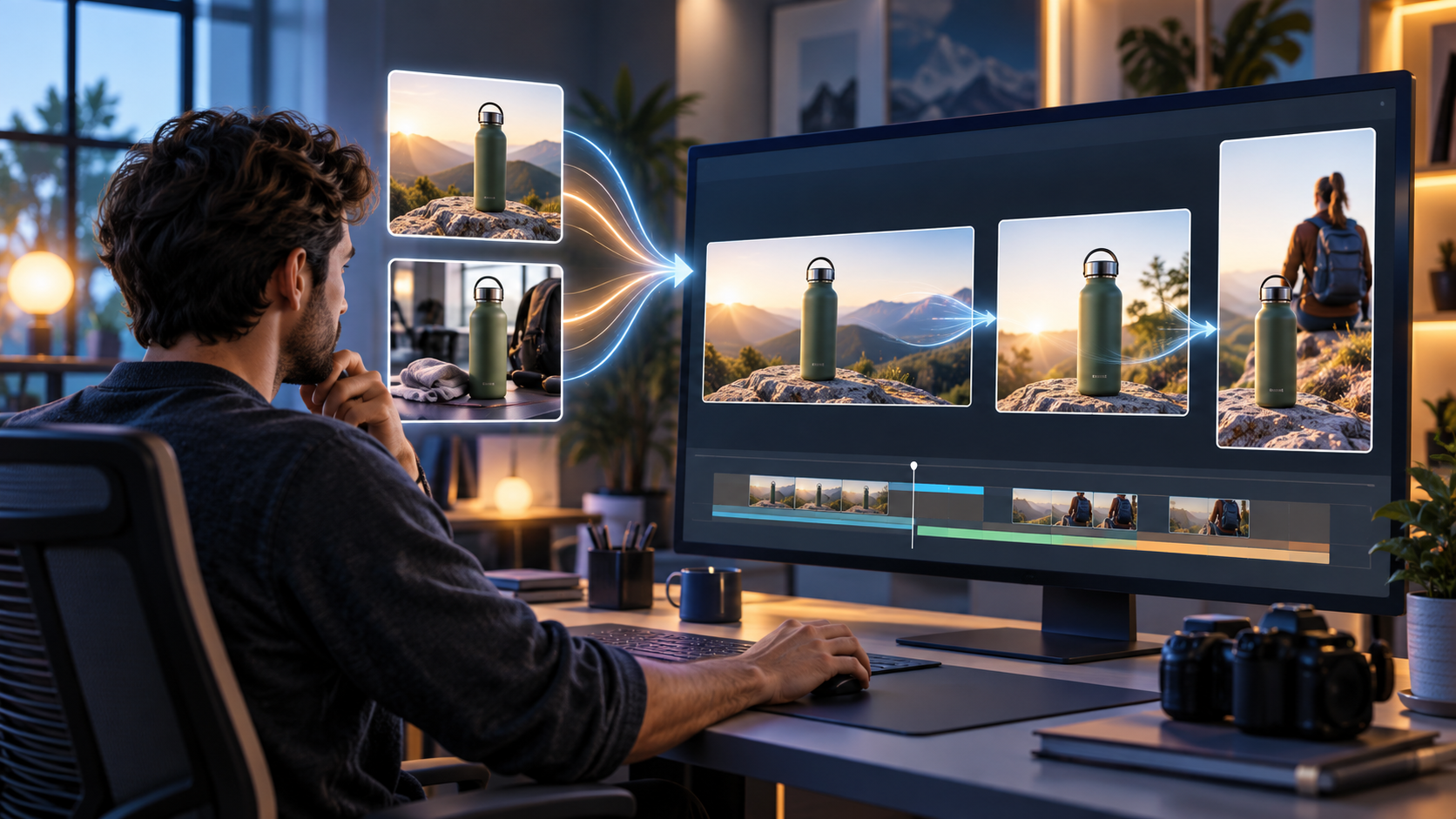 A marketer turns two product images into short video previews shown in landscape, square, and vertical formats.
