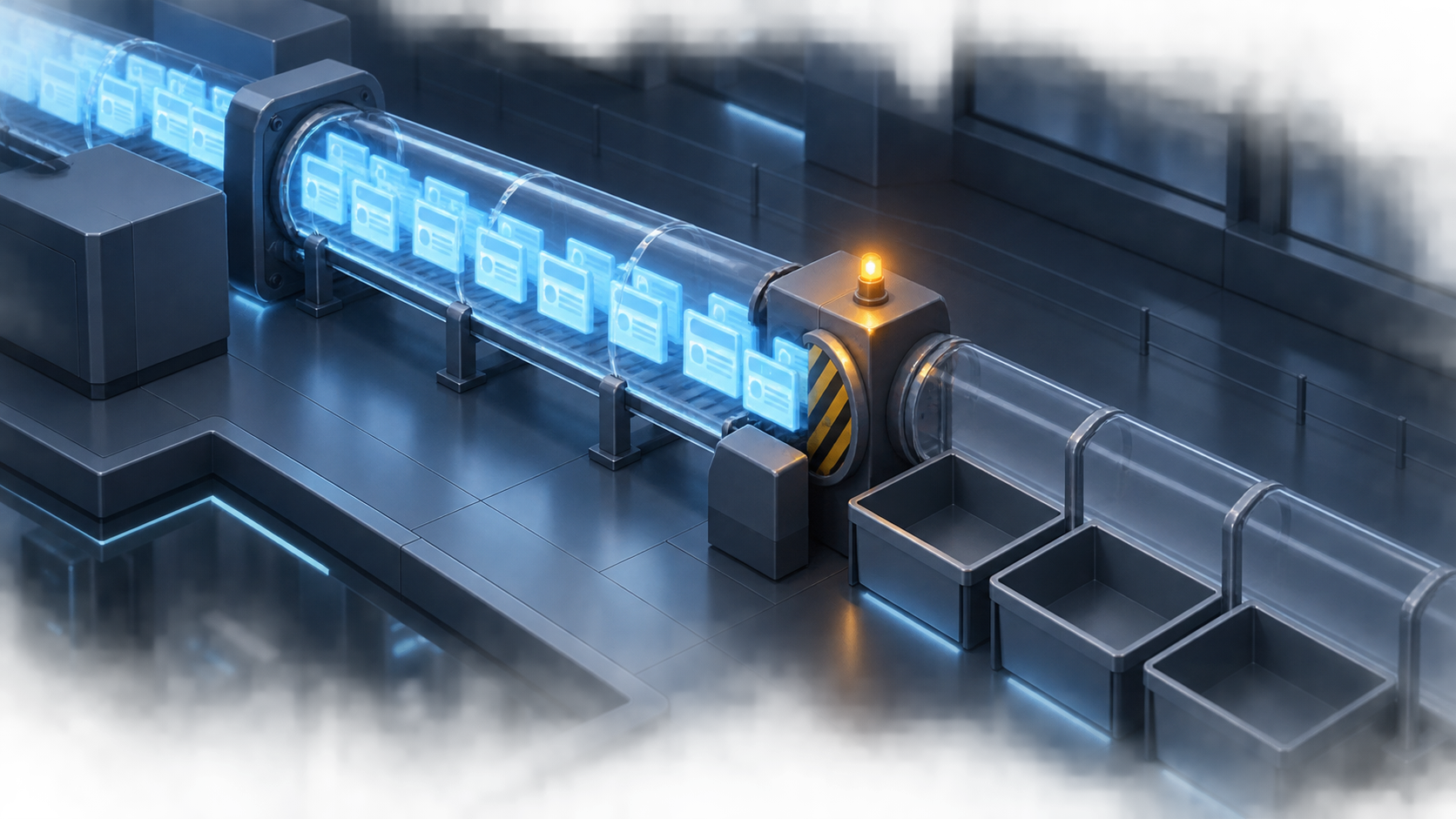 Luminous result tiles pass through a scanning tunnel, where a blocked aperture causes only part of the continuing stream to reach the collection trays.