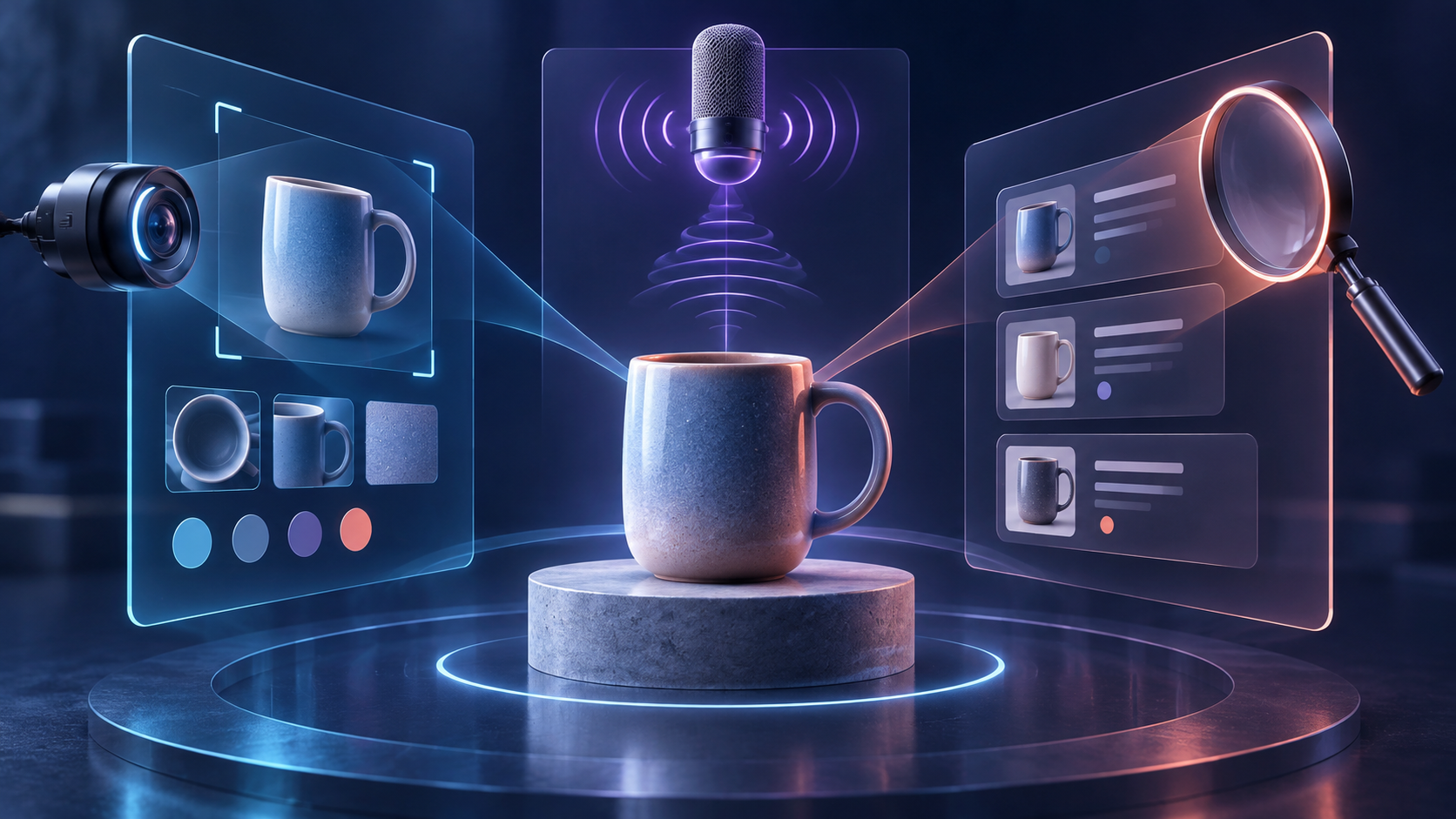 An object on a pedestal is examined through three separate pathways represented by a visual sensor, an acoustic sensor, and a magnifying lens.