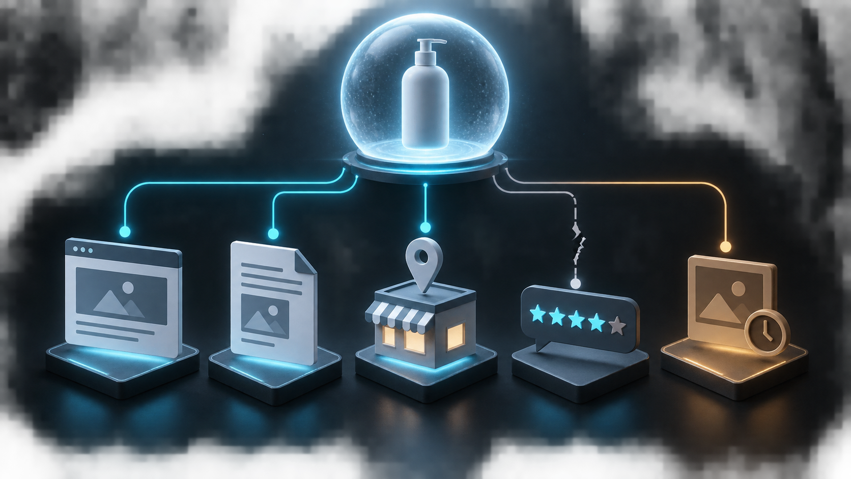 A glowing answer orb connected to layered source signals, including a webpage, document, storefront, reviews, and citation nodes, with strong, weak, and broken links.