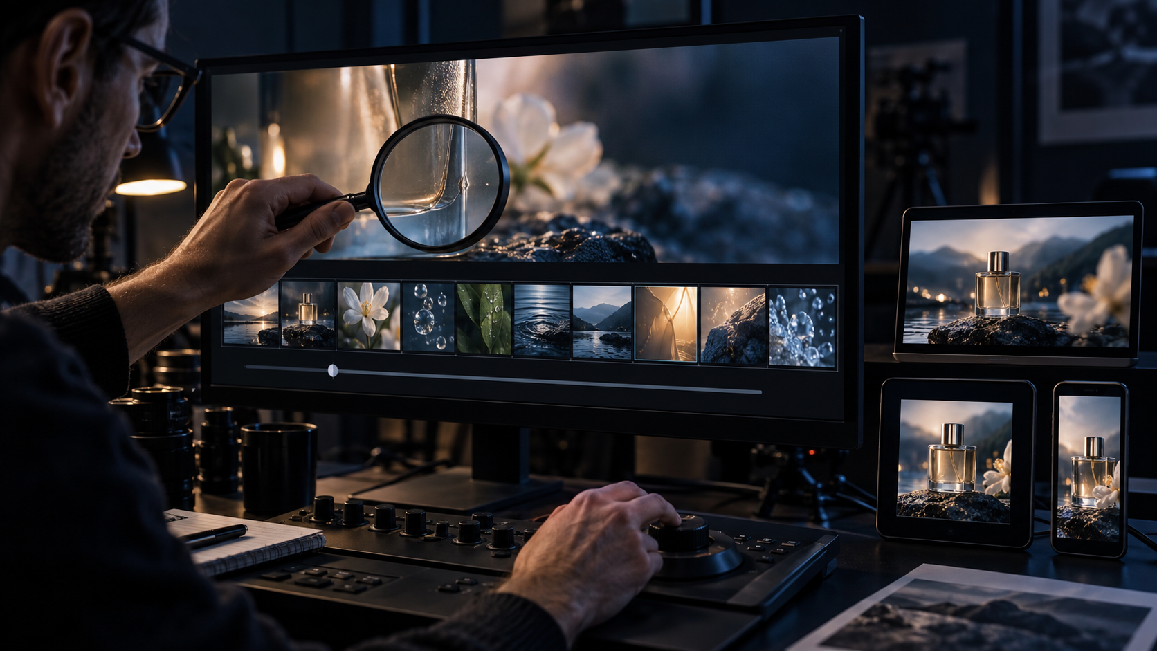 A reviewer examines individual video frames and three aspect-ratio previews on a workstation.