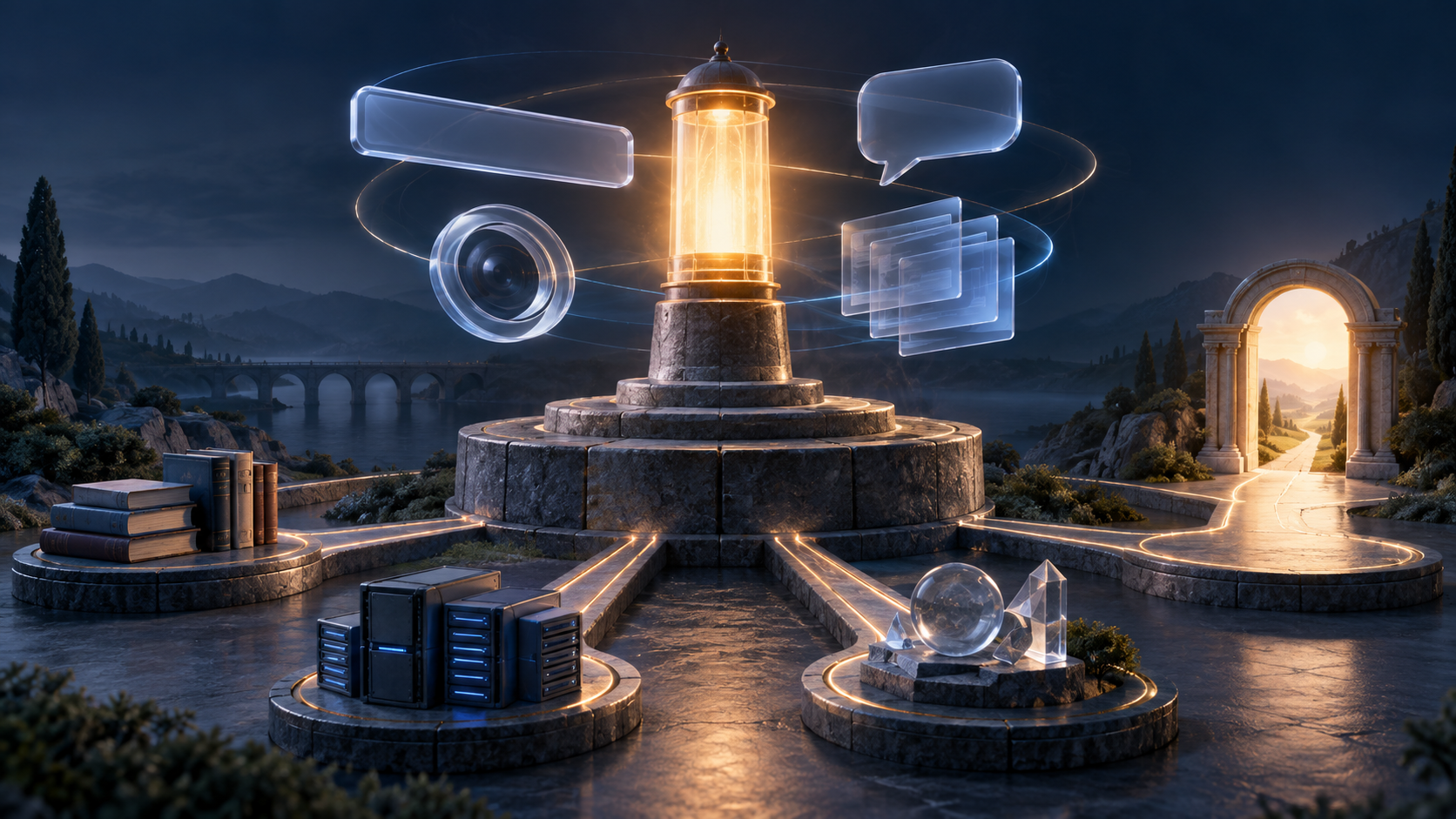 A glowing knowledge beacon stands on a stone foundation while several translucent interface forms orbit around it and connected pathways lead to organized sources and a doorway.