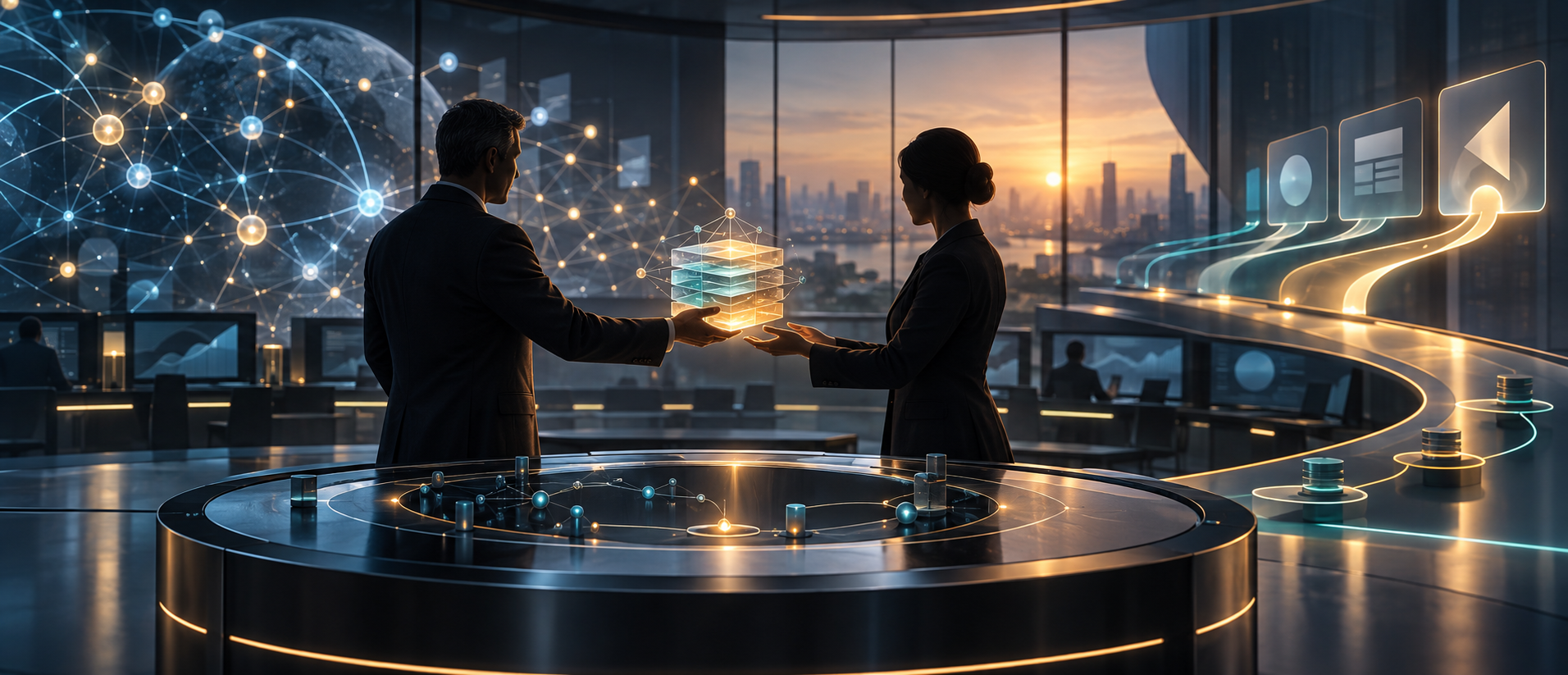 Two anonymous executives transfer a glowing modular core across a circular control table surrounded by abstract data and recommendation pathways.
