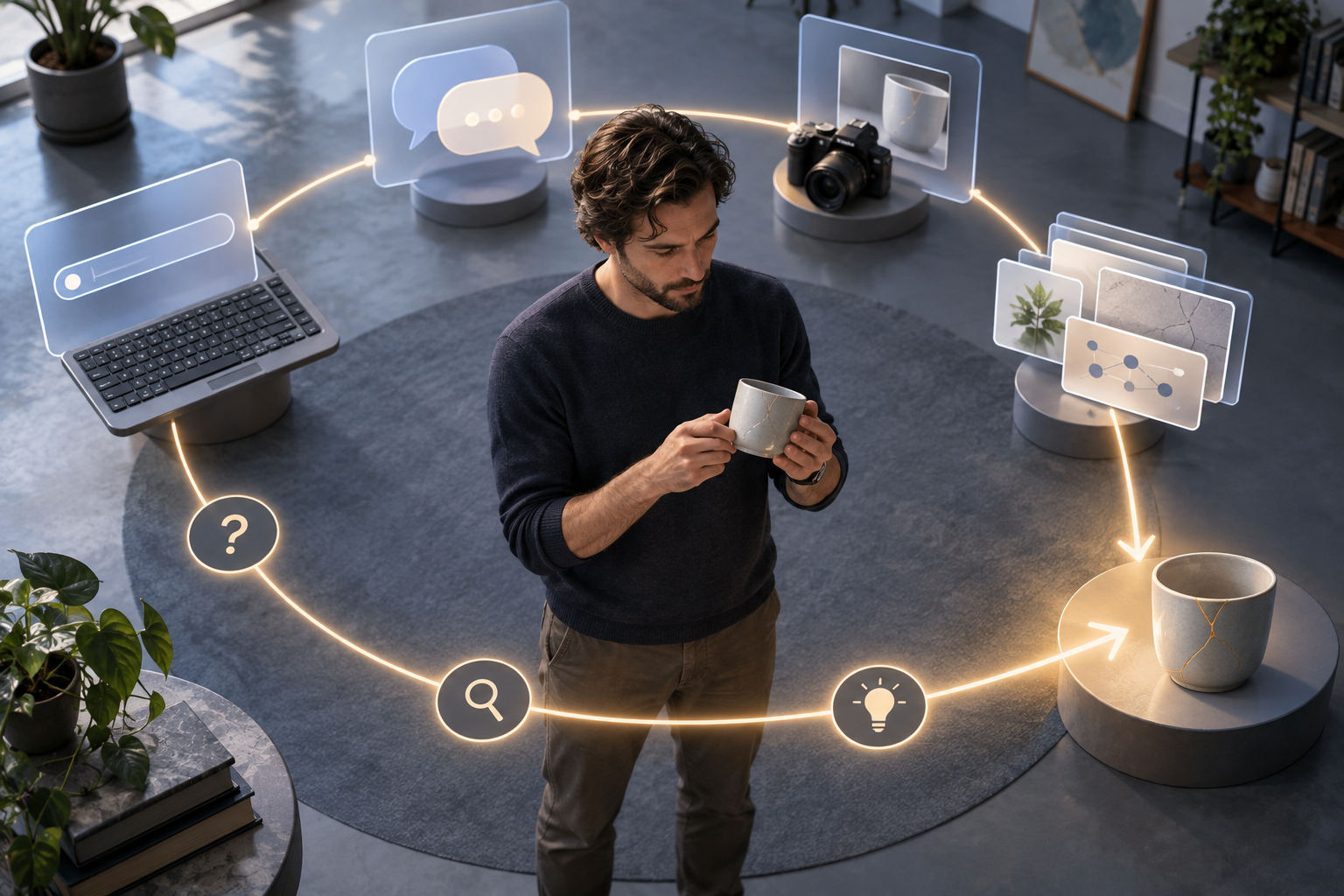 A person in a circular workspace follows one illuminated path past a keyboard, conversation form, camera, and context panels toward a practical solution.