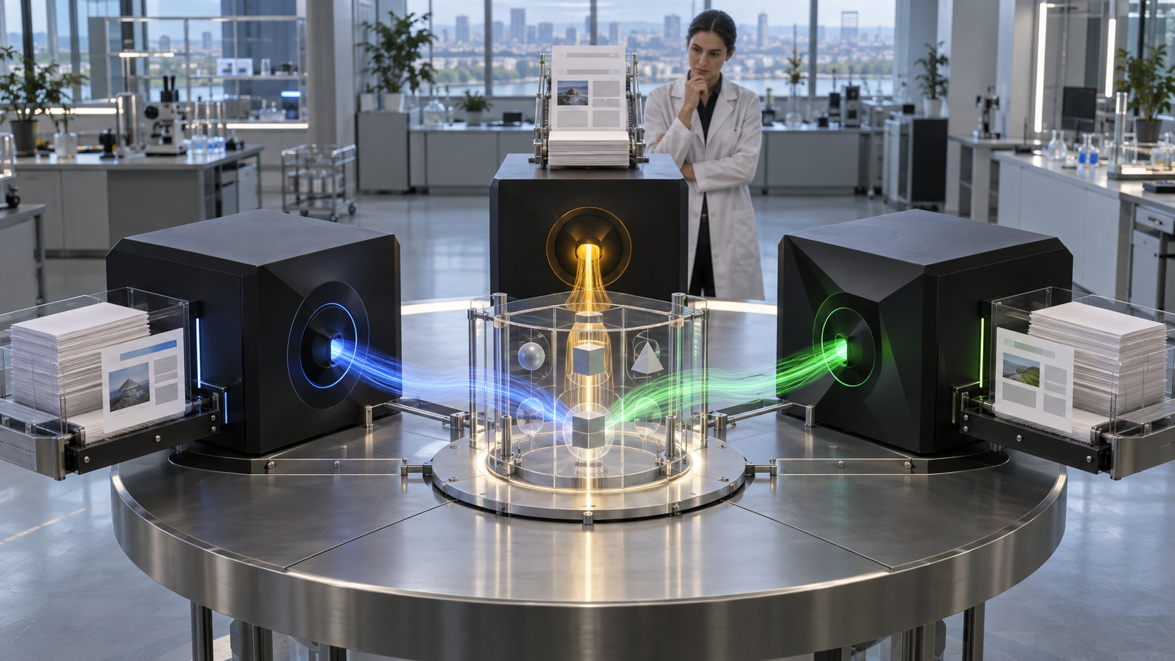 Three unbranded AI systems process identical source materials through the same transparent verification setup in a neutral laboratory.