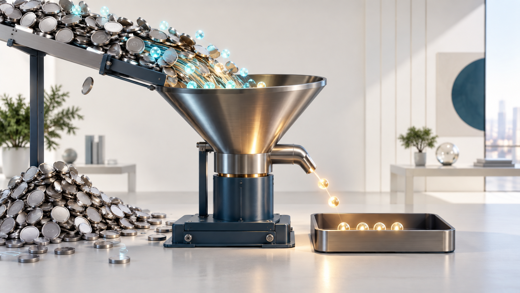 Metallic tokens enter a funnel machine while only a limited stream of glowing spheres emerges into a tray.