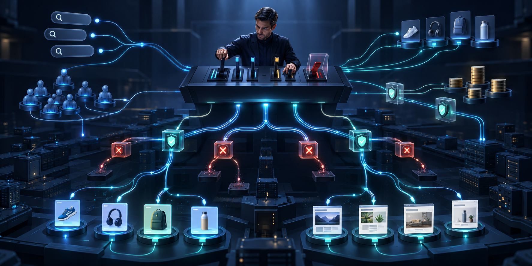 An analyst operates guarded controls above branching paths that connect search signals, audiences, campaigns, budgets, and landing pages.