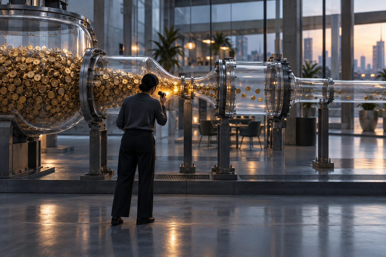 An analyst inspects the narrow junction in a transparent marketing pipeline as tokens accumulate upstream.