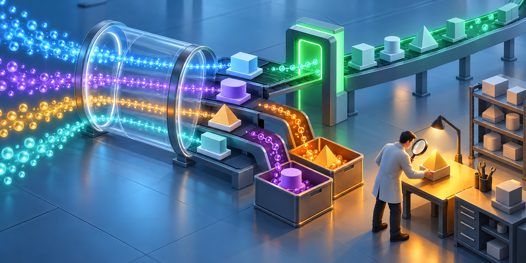 An analyst traces glowing search-signal streams to model landing pages and sorts mismatches into repair trays.