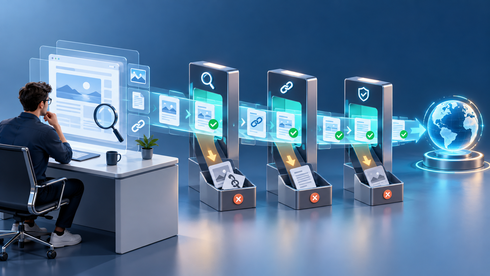 A reviewer inspects website panels while AI recommendations move through a series of verification gates before publication.