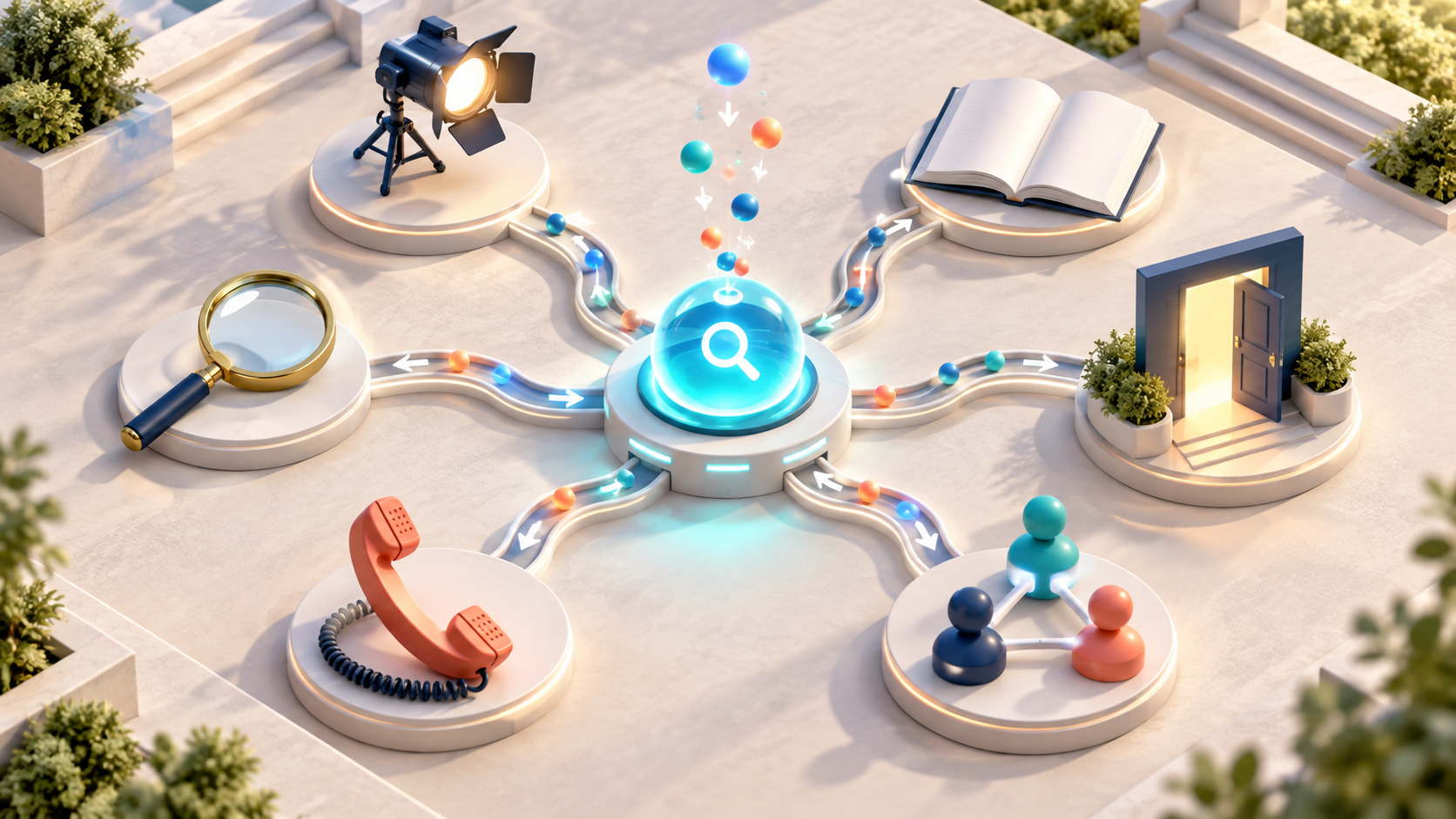 A central search hub connects to surrounding modules for content, awareness, landing pages, referrals, sales follow-up, and measurement.