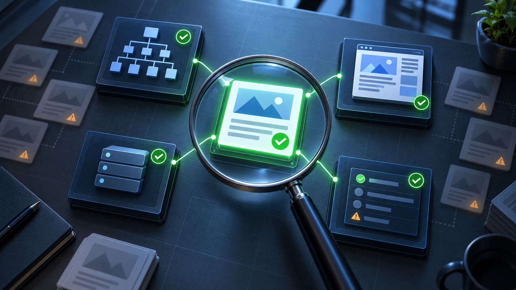A magnifying lens examines a digital recommendation connected to several sources of website evidence.