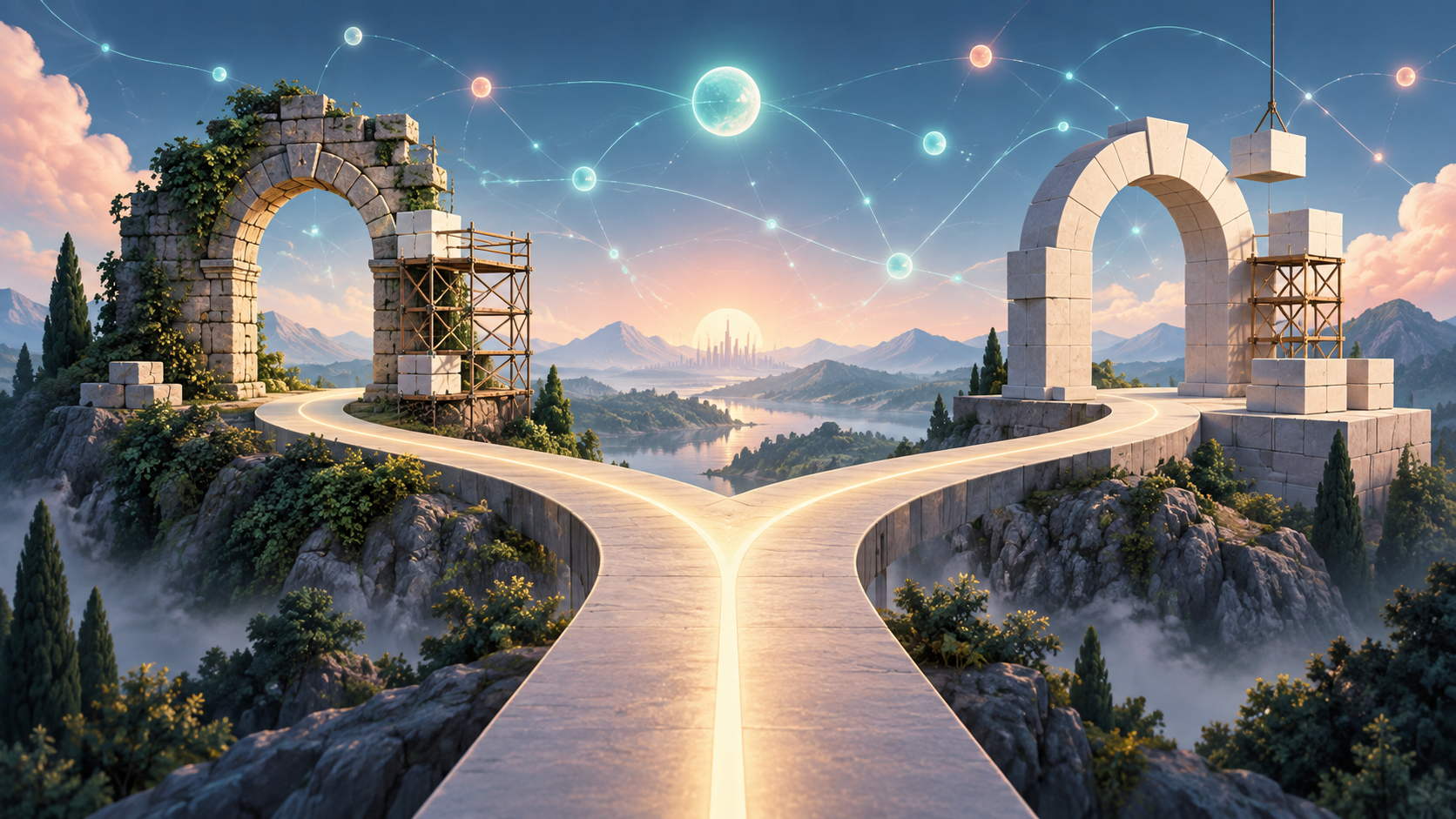 An information pathway forks between a restored existing archway and a separate newly built archway, with connected nodes in the background.