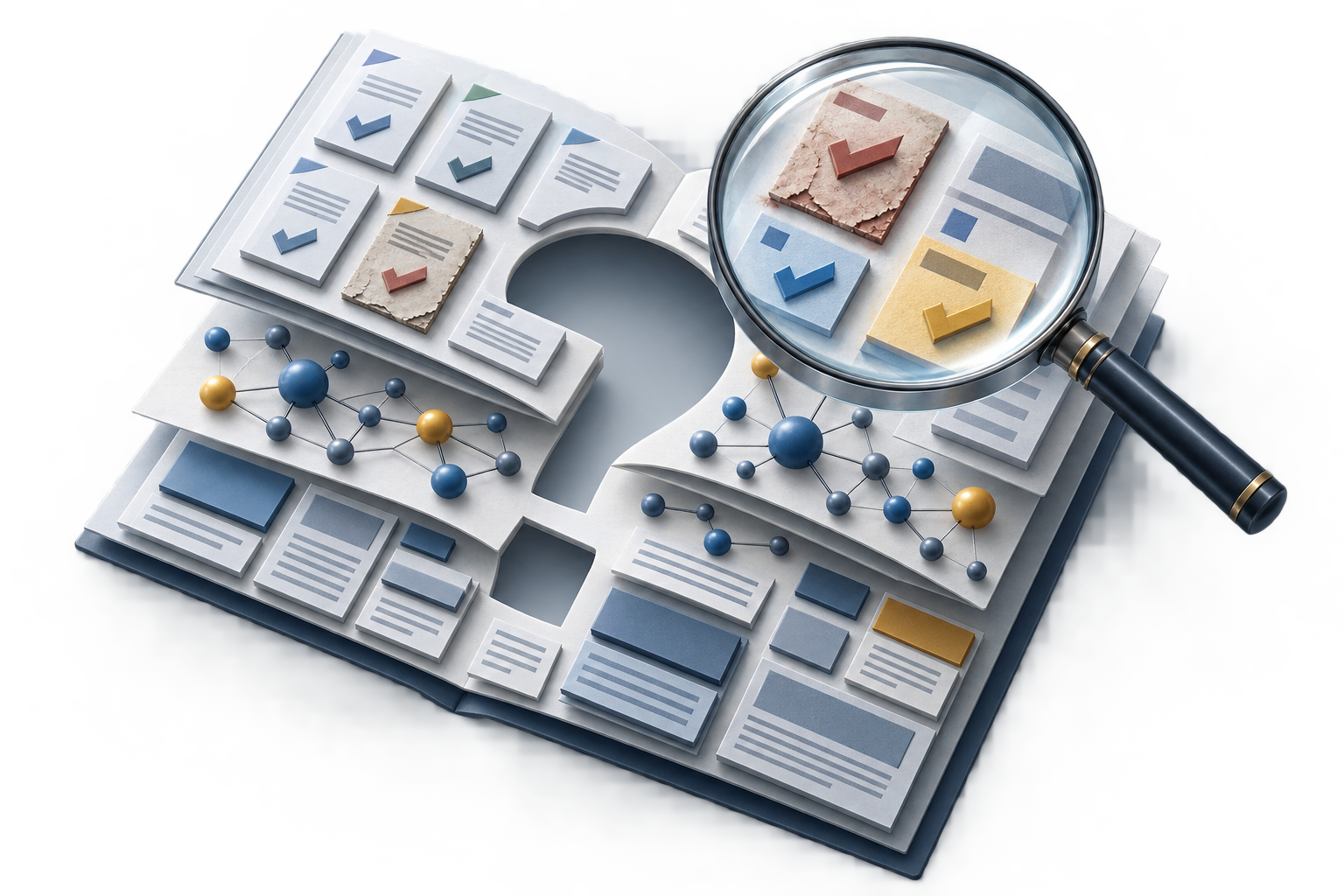 A magnifying lens examines layered document components, connected spheres, evidence tiles, and modular page blocks.