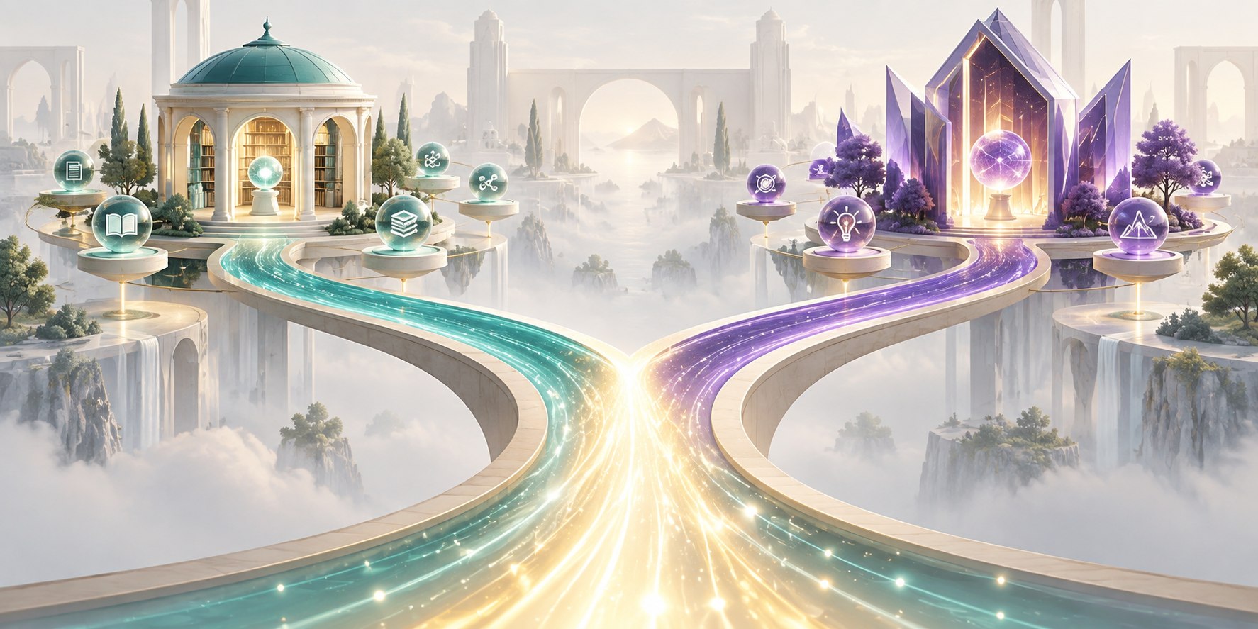 A luminous information stream divides into two non-overlapping paths leading to separate pavilions with distinct clusters of connected nodes.