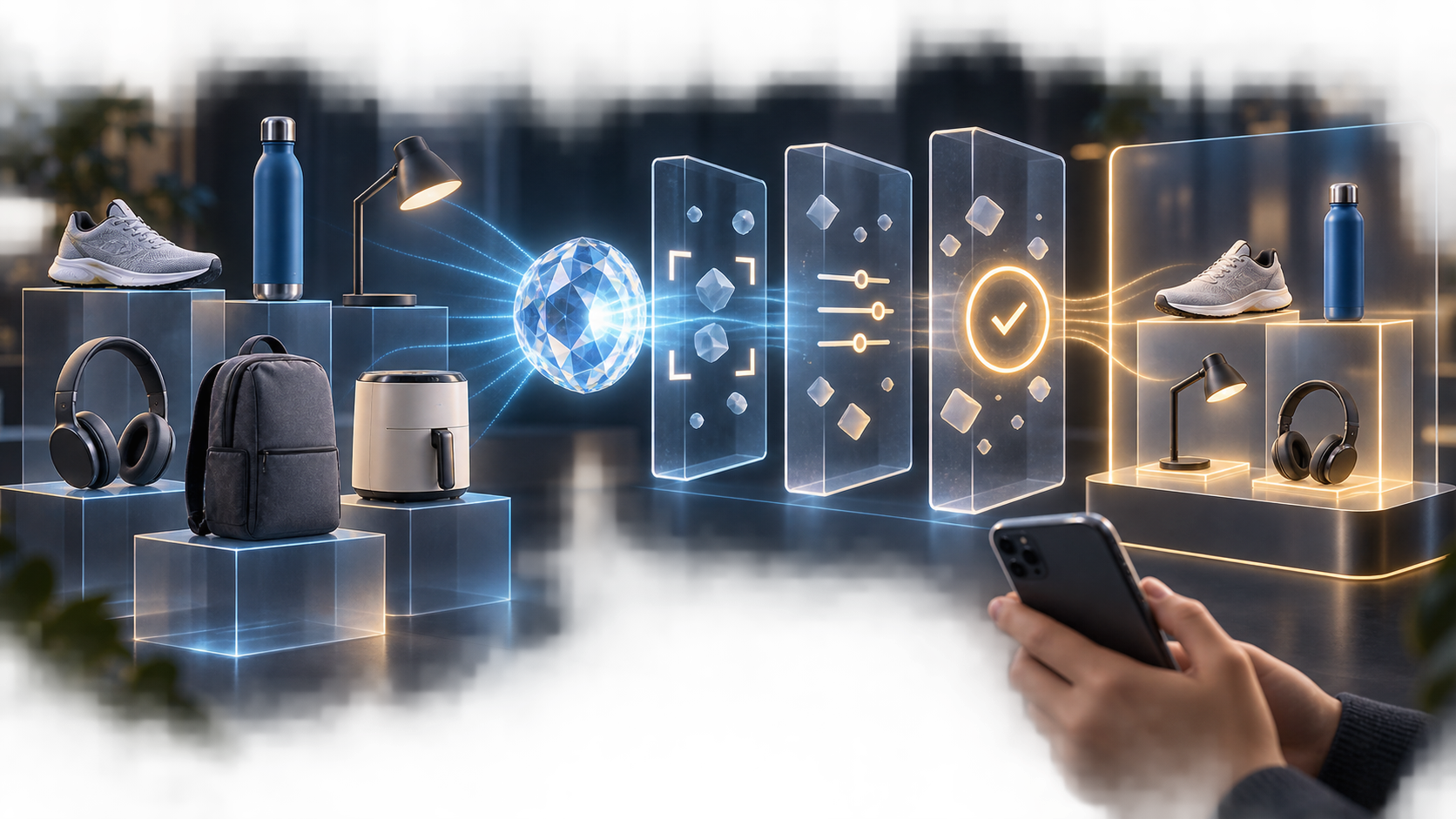 Unbranded consumer products pass through three illuminated digital gateways toward a personalized selection beside a smartphone.