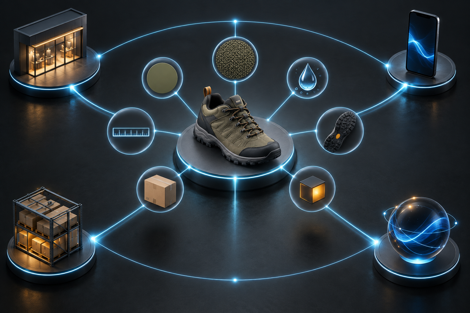 A hiking shoe on a central platform sends the same set of visual product attributes to a storefront, phone, warehouse shelf, and AI orb.