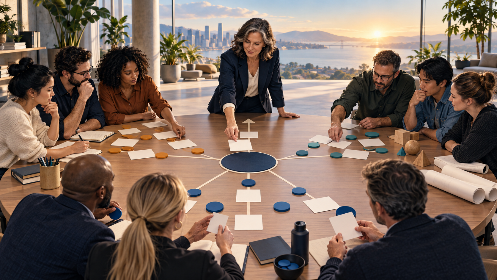 A strategist coordinates content, engineering, and agency teams around a circular planning table in a modern workspace.