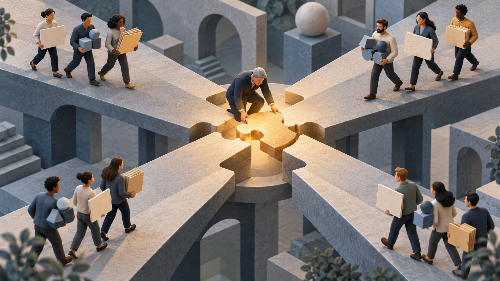 A senior leader places a connecting piece between three separate team workflows at a central junction.