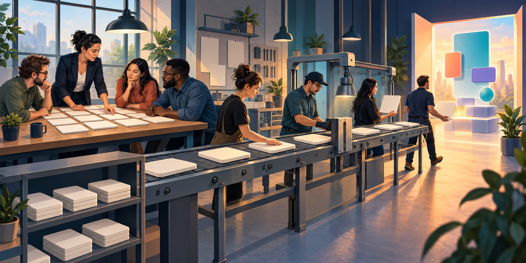 A leader and cross-functional team move prioritized task tiles from a planning table through production toward a completed launch.
