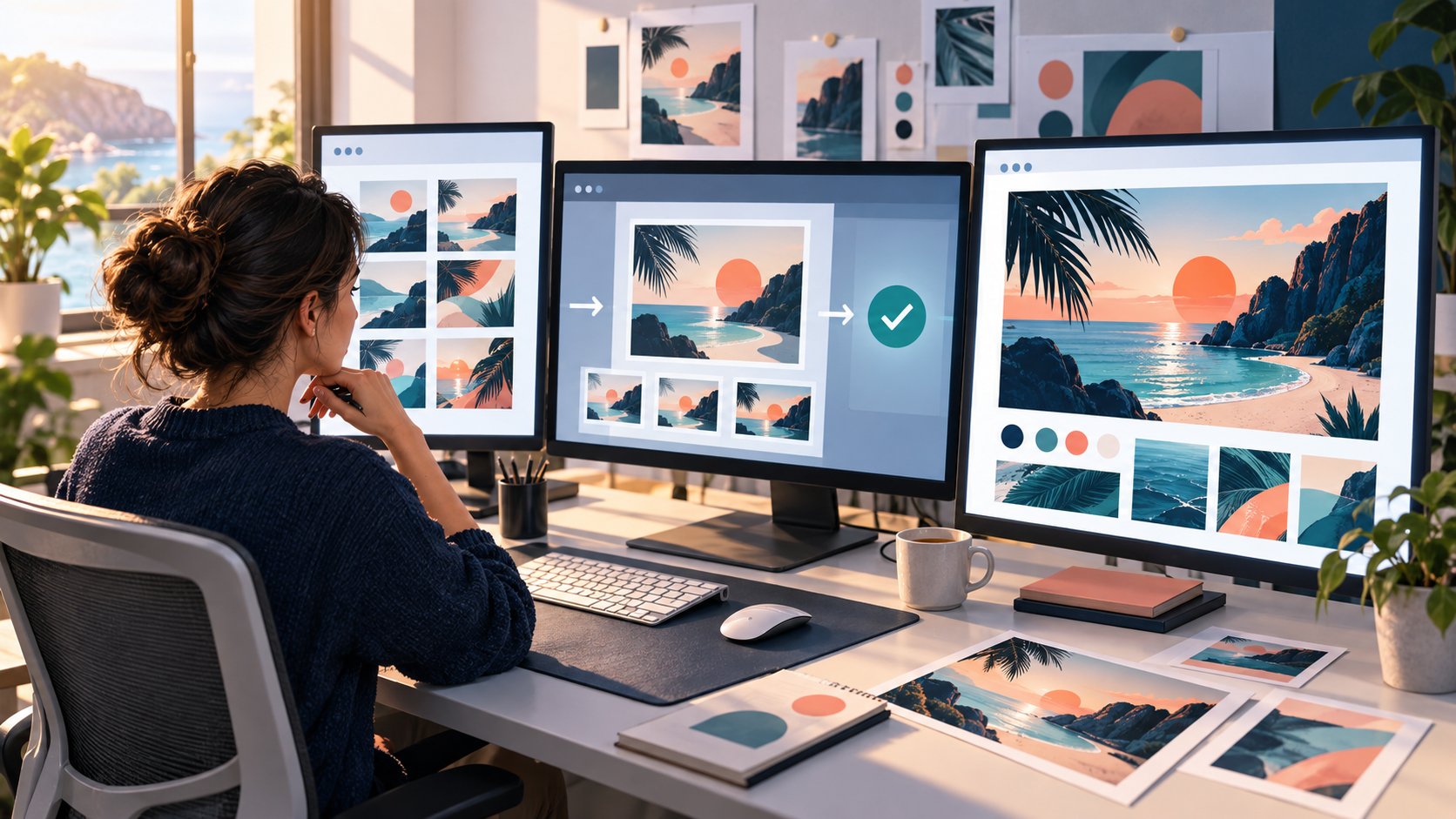 A marketer reviews campaign image variations and a finished web page across several screens in a creative studio.