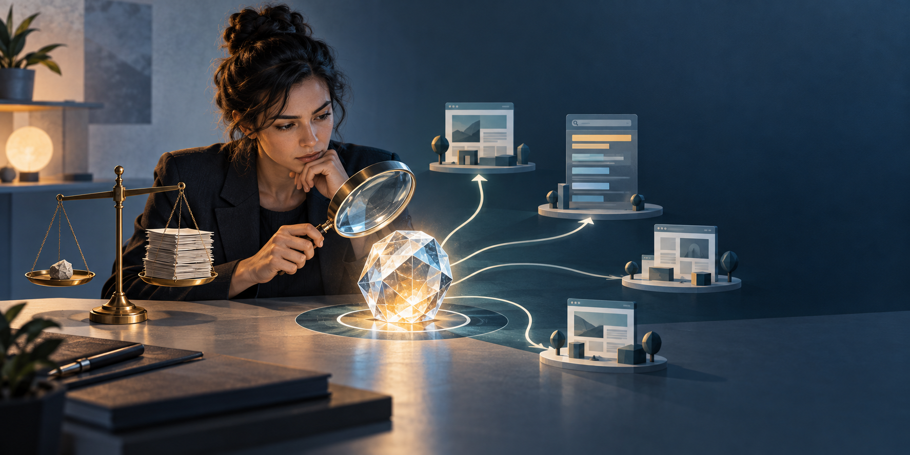 An analyst uses a magnifying lens to examine a glowing evidence object beside a balance scale and branching website paths.