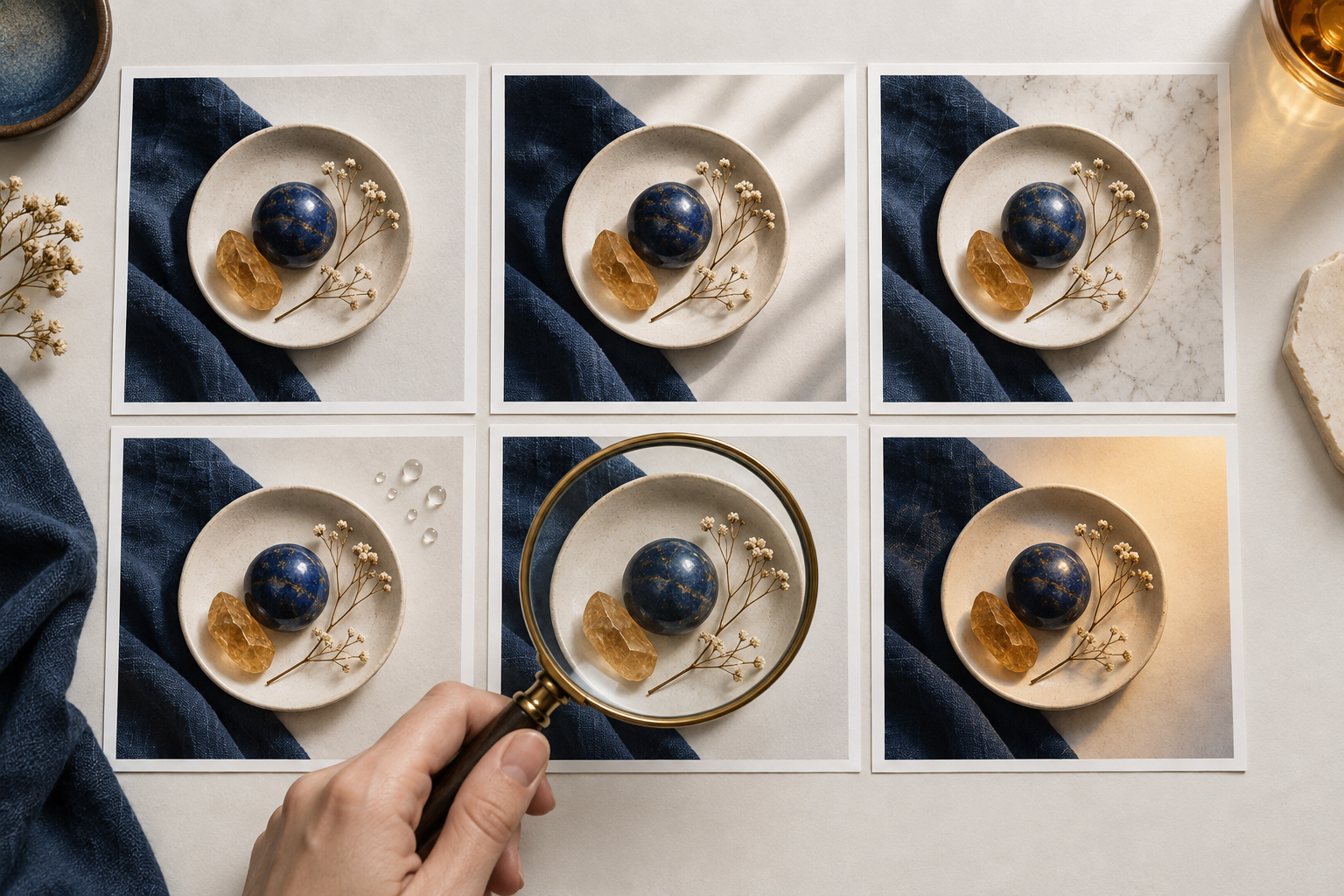 A hand compares six closely related campaign image variations arranged on a studio table.