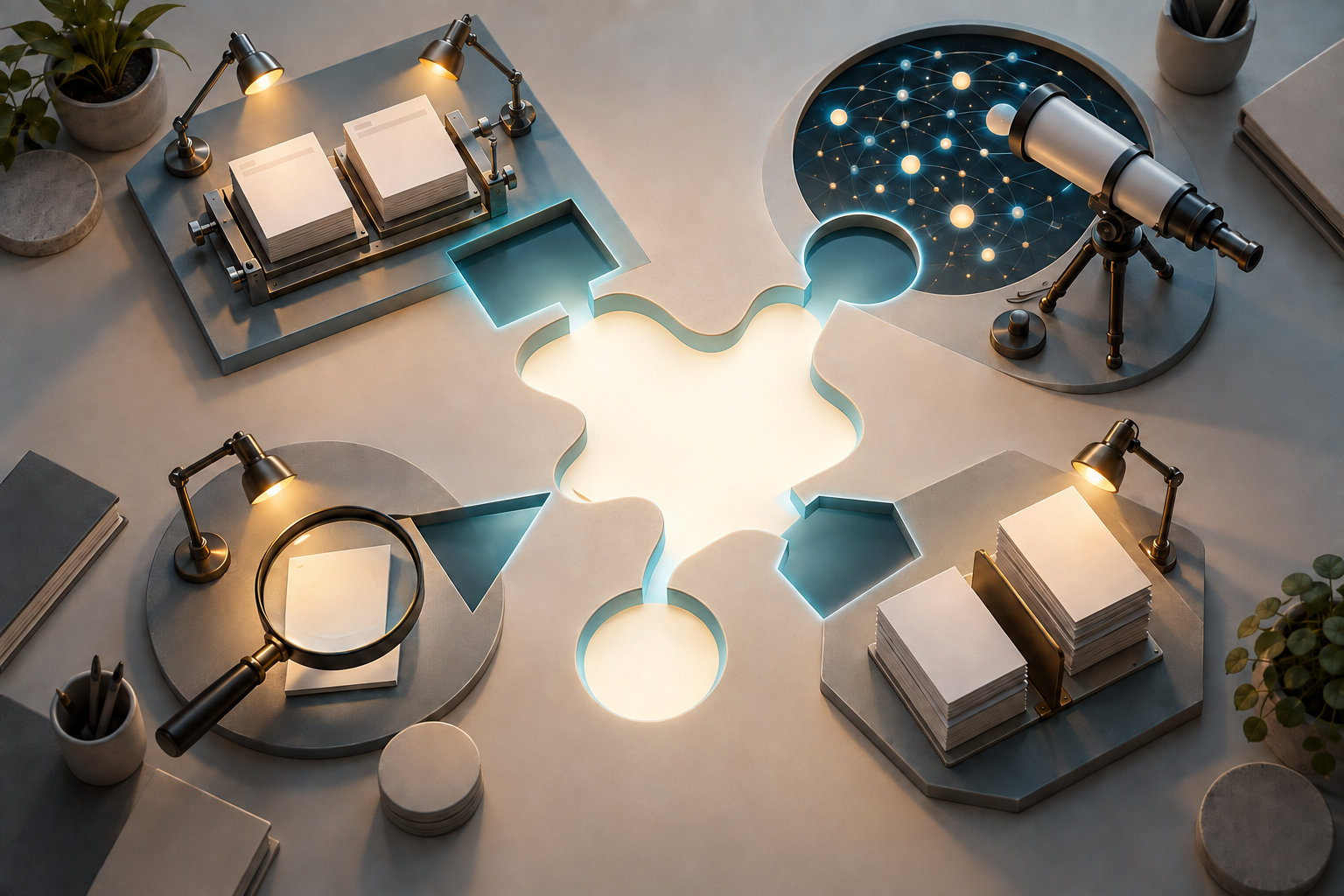 Four research stations use different instruments to examine website models, search signals, a page fragment, and documents around a central focal point.