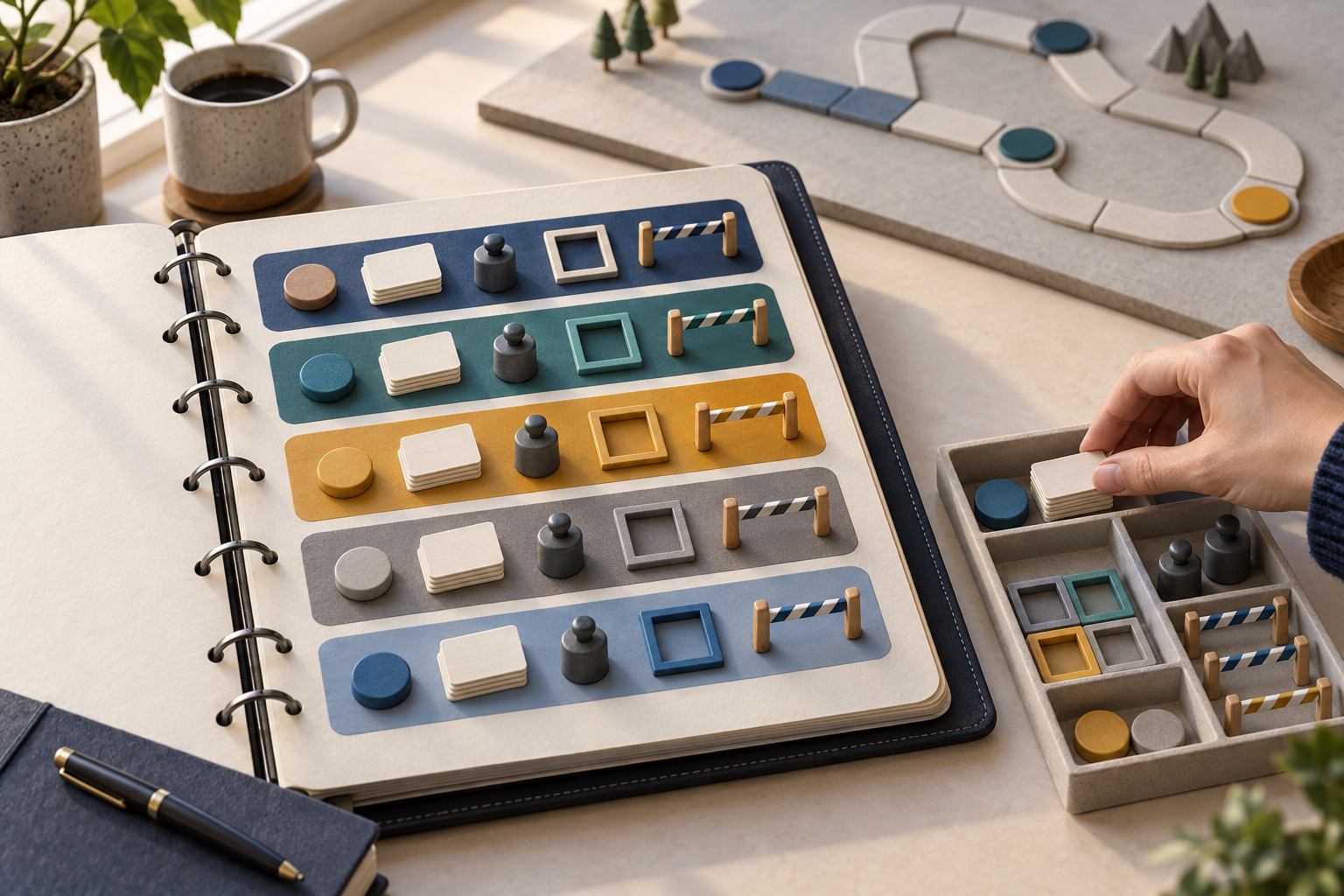 A hand sorts evidence pieces into blank color-coded rows on an open planning board while a modular roadmap waits in the background.